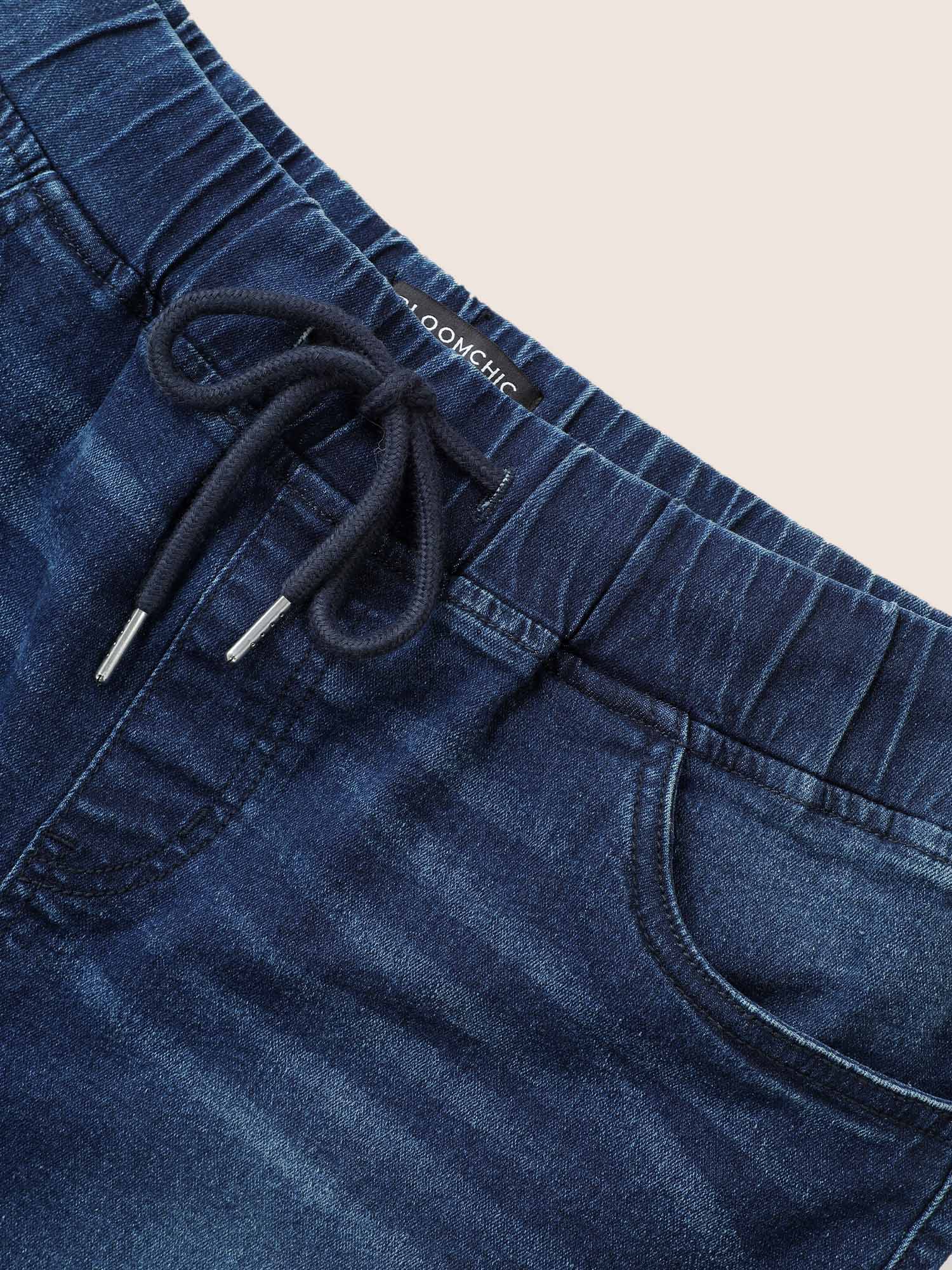 Plus Size Distressed Drawstring Roll Hem Denim Shorts Women Indigo Drawstring High stretch Everyday Slanted pocket Casual Denim Shorts BloomChic 12/L 