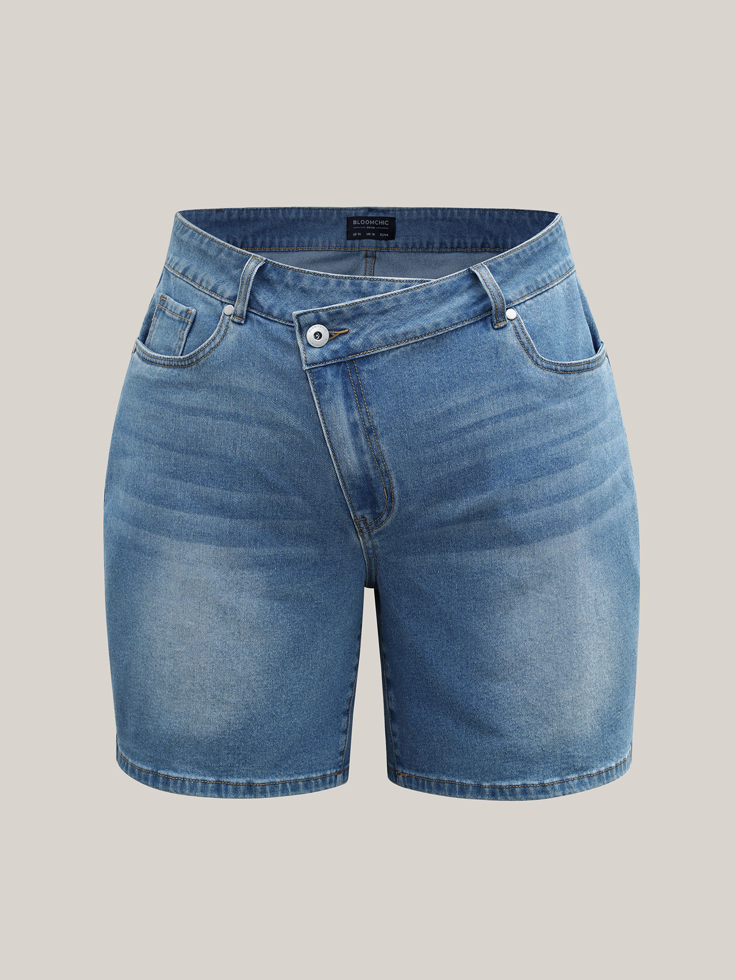 Plus Size Overlap Whiskered Wash Straight Denim Shorts Women Denimblue No stretch Everyday Slanted pocket Casual Denim Shorts BloomChic 28/5X 