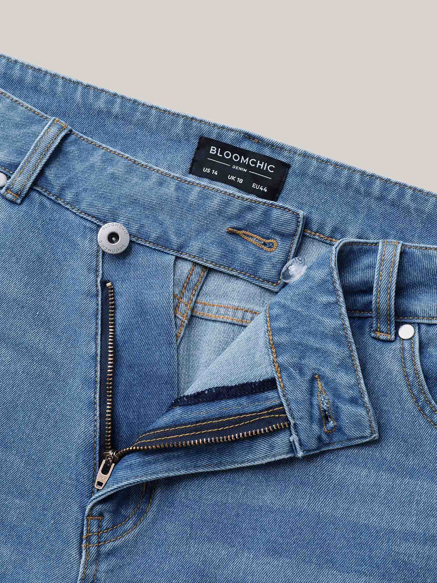 Plus Size Overlap Whiskered Wash Straight Denim Shorts Women Denimblue No stretch Everyday Slanted pocket Casual Denim Shorts BloomChic 28/5X 