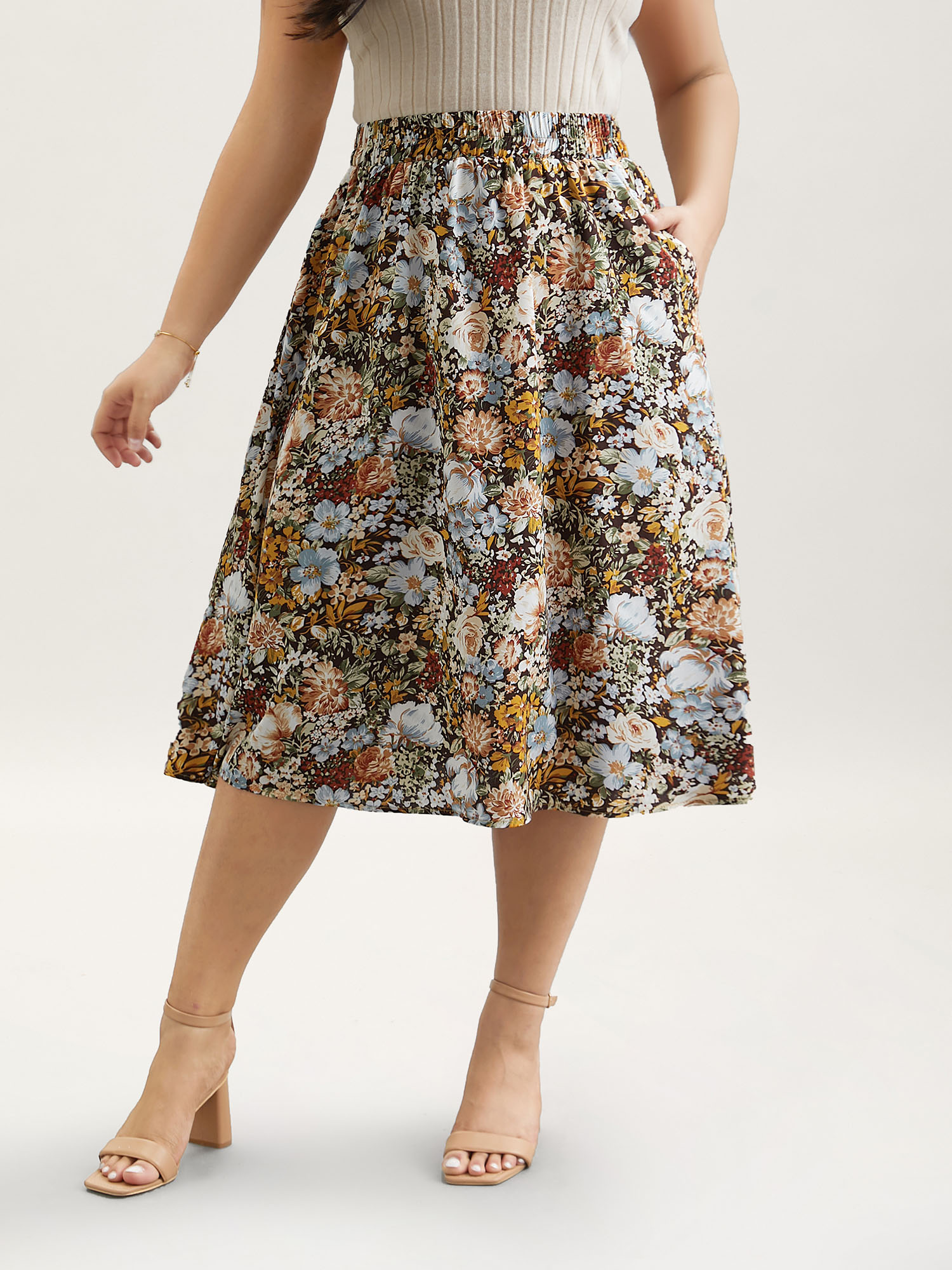 

Plus Size Floral Print Stretchy-Waist Midi Skirt Women Multicolor Elegant Contrast No stretch Side seam pocket Everyday Skirts BloomChic