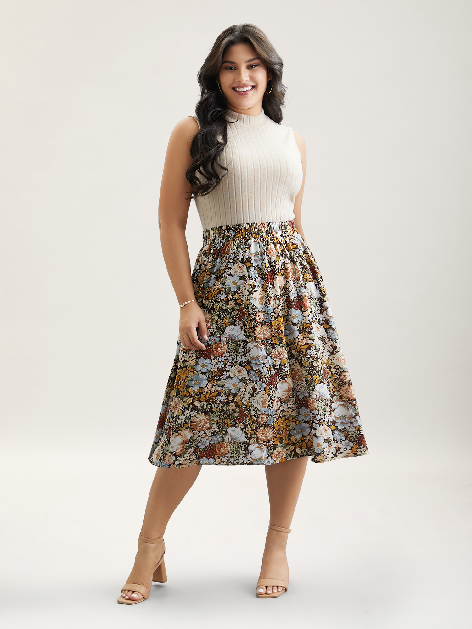 Plus Size Floral Print Stretchy-Waist Midi Skirt Women Multicolor Elegant Contrast No stretch Side seam pocket Everyday Skirts BloomChic 18-20/2X 