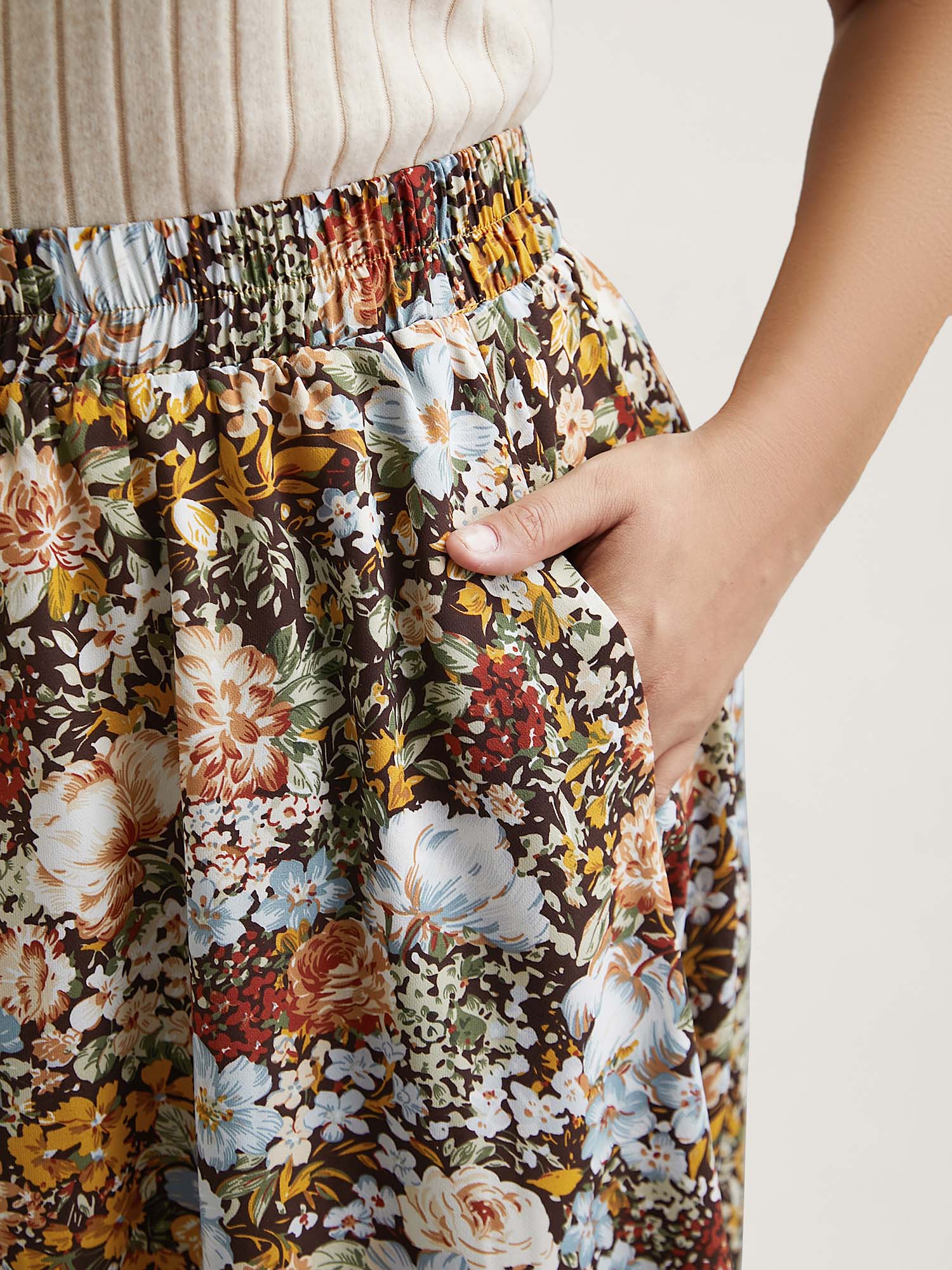 Plus Size Floral Print Stretchy-Waist Midi Skirt Women Multicolor Elegant Contrast No stretch Side seam pocket Everyday Skirts BloomChic 18-20/2X 