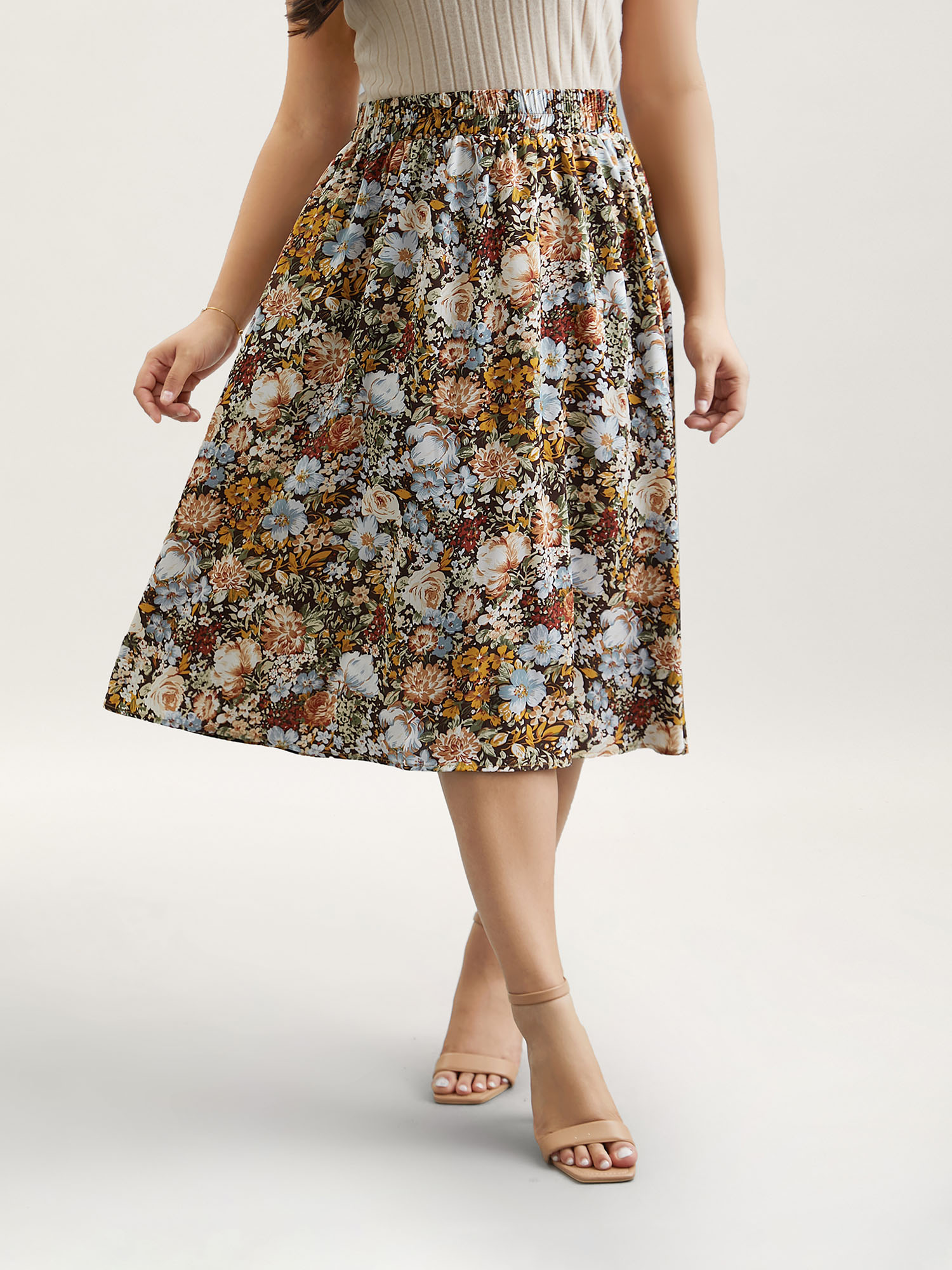 Plus Size Floral Print Stretchy-Waist Midi Skirt Women Multicolor Elegant Contrast No stretch Side seam pocket Everyday Skirts BloomChic 18-20/2X 
