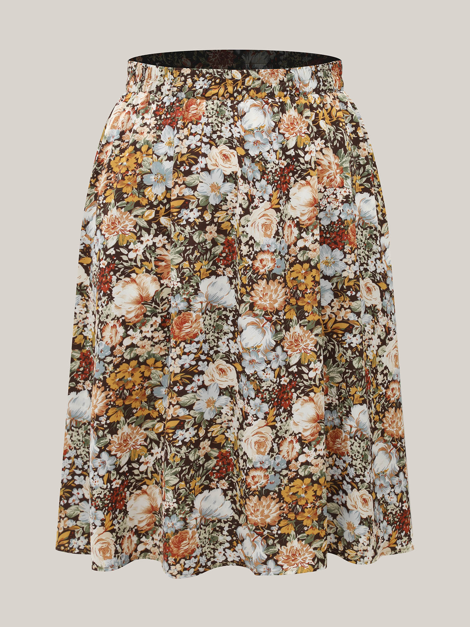 Plus Size Floral Print Stretchy-Waist Midi Skirt Women Multicolor Elegant Contrast No stretch Side seam pocket Everyday Skirts BloomChic 18-20/2X 