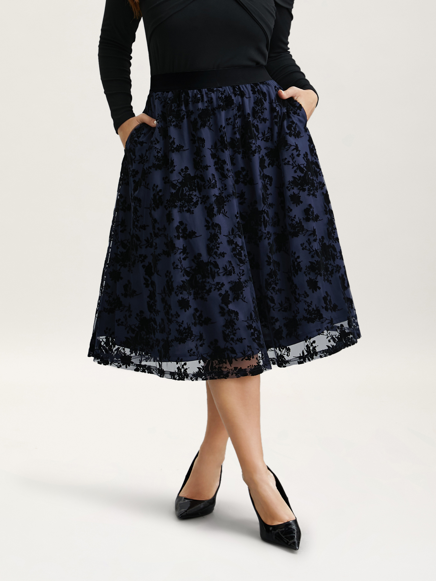 

Plus Size Floral Flocked Flared Midi Skirt Women Indigo Elegant Tiered Low stretch Everyday Skirts BloomChic