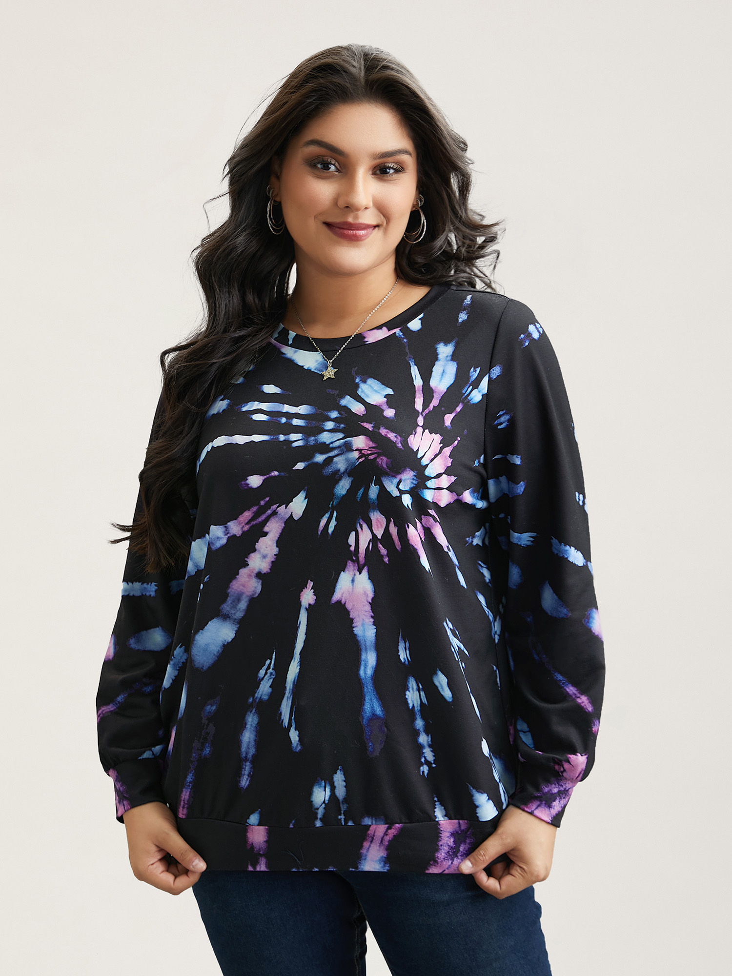 Plus Size Tie-Dye Stretchy Crew Neck Sweatshirt Women Black Casual Contrast Round Neck Everyday Sweatshirts BloomChic 30/6X 