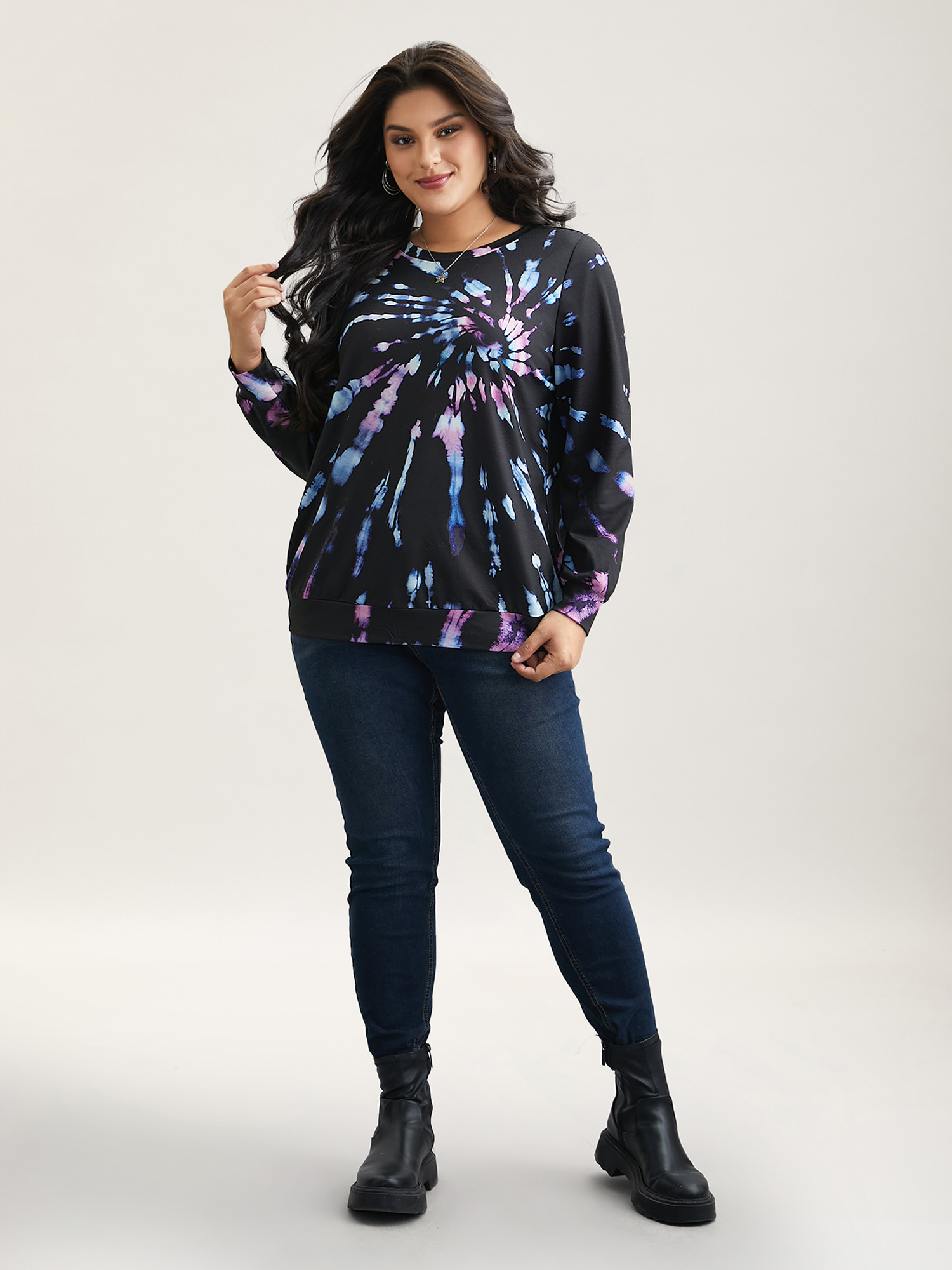 Plus Size Tie-Dye Stretchy Crew Neck Sweatshirt Women Black Casual Contrast Round Neck Everyday Sweatshirts BloomChic 30/6X 