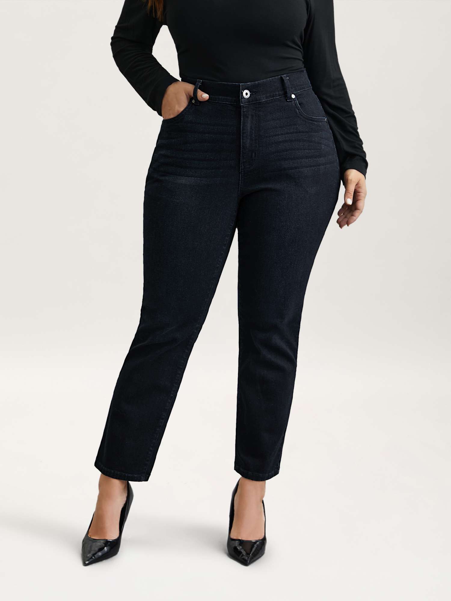 Plus Size Whiskered Mid-Rise Skinny-Fit Jeans Women Denimcharcoal Elegant Button Medium stretch Slanted pocket Jeans BloomChic 12/L 