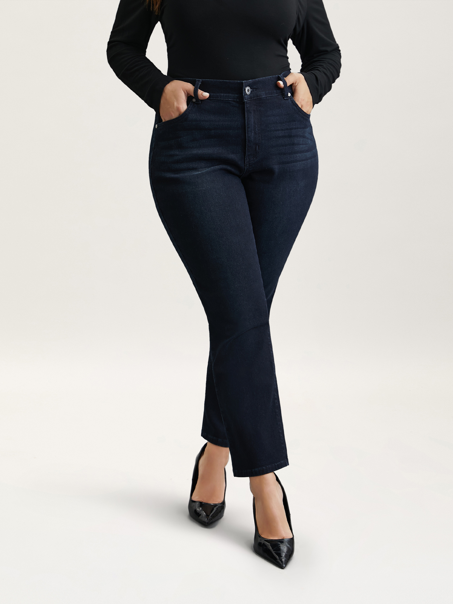 Plus Size Whiskered Mid-Rise Skinny-Fit Jeans Women Denimcharcoal Elegant Button Medium stretch Slanted pocket Jeans BloomChic 12/L 