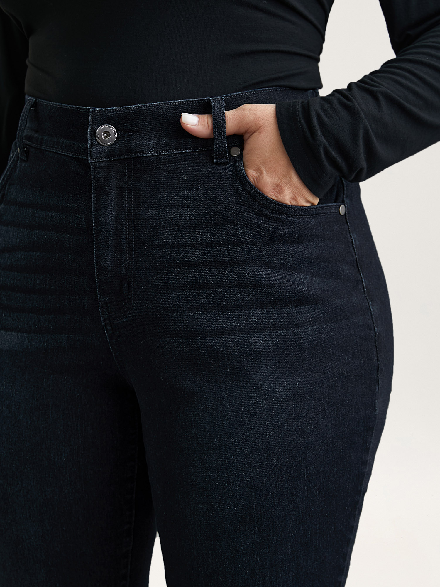Plus Size Whiskered Mid-Rise Skinny-Fit Jeans Women Denimcharcoal Elegant Button Medium stretch Slanted pocket Jeans BloomChic 12/L 