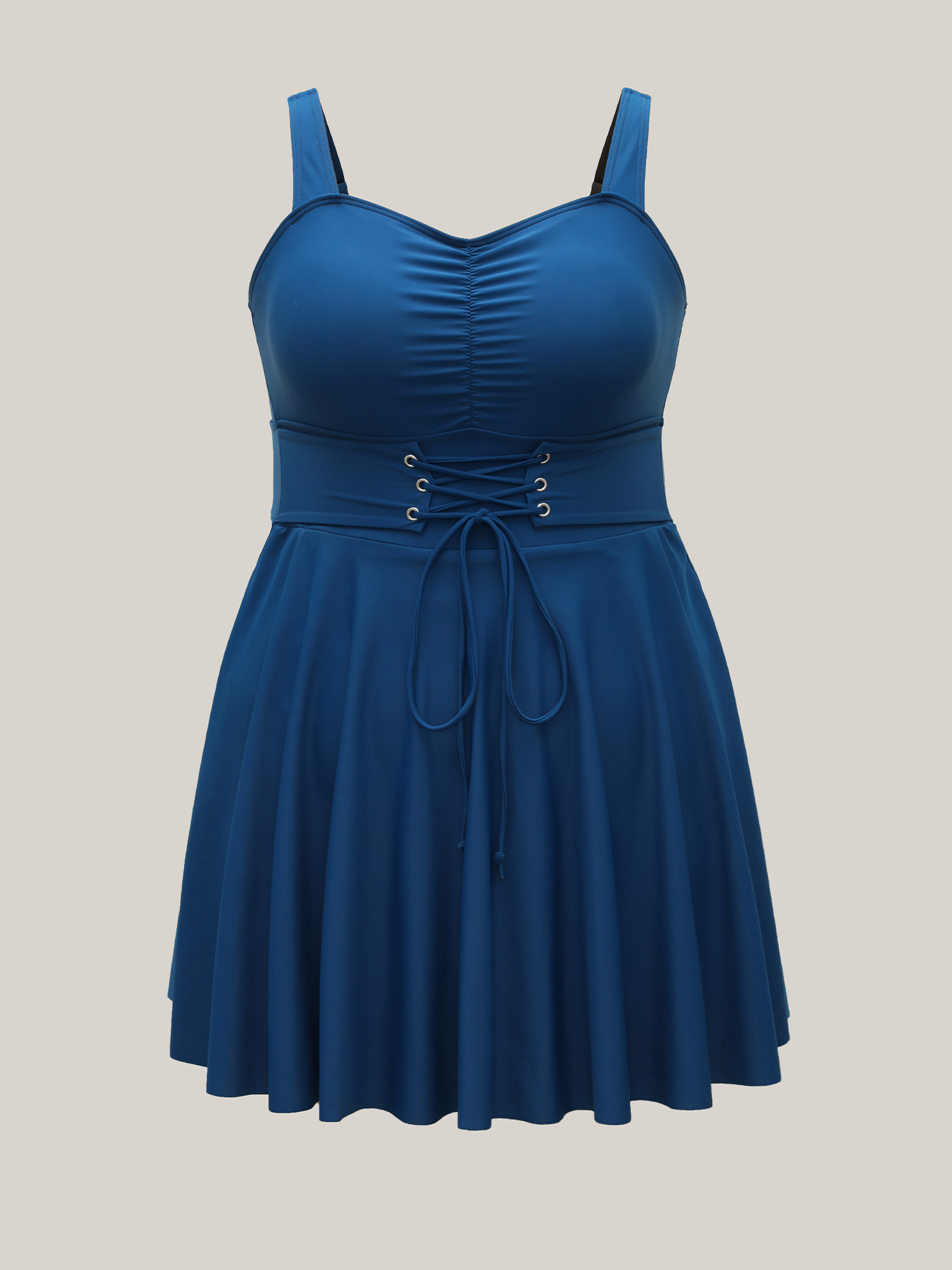 Plus Size Waist-Tie Ruched Flared Swim Dress Women`s Swimwear Aegean Beach Bodycon Heart neckline High stretch Curve Swim Dresses BloomChic 26/4X 