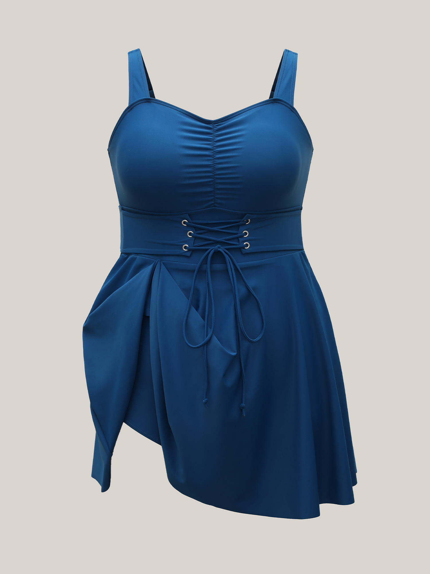 Plus Size Waist-Tie Ruched Flared Swim Dress Women`s Swimwear Aegean Beach Bodycon Heart neckline High stretch Curve Swim Dresses BloomChic 26/4X 