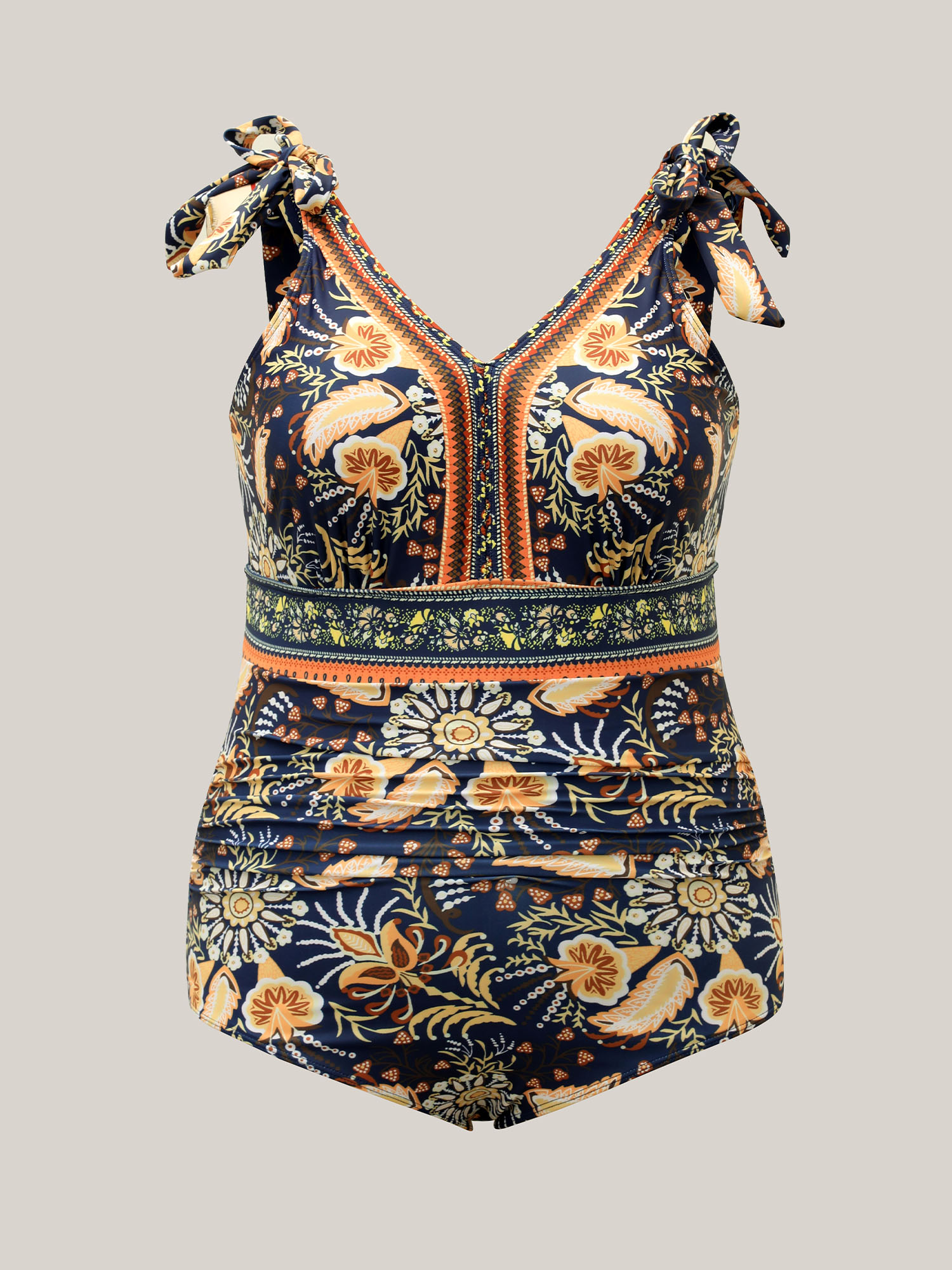 Plus Size Boho Print Adjustable Tie One-Piece Swimsuit Women`s Swimwear Indigo Beach Gathered Curve Bathing Suits High stretch One Pieces BloomChic 12/L 