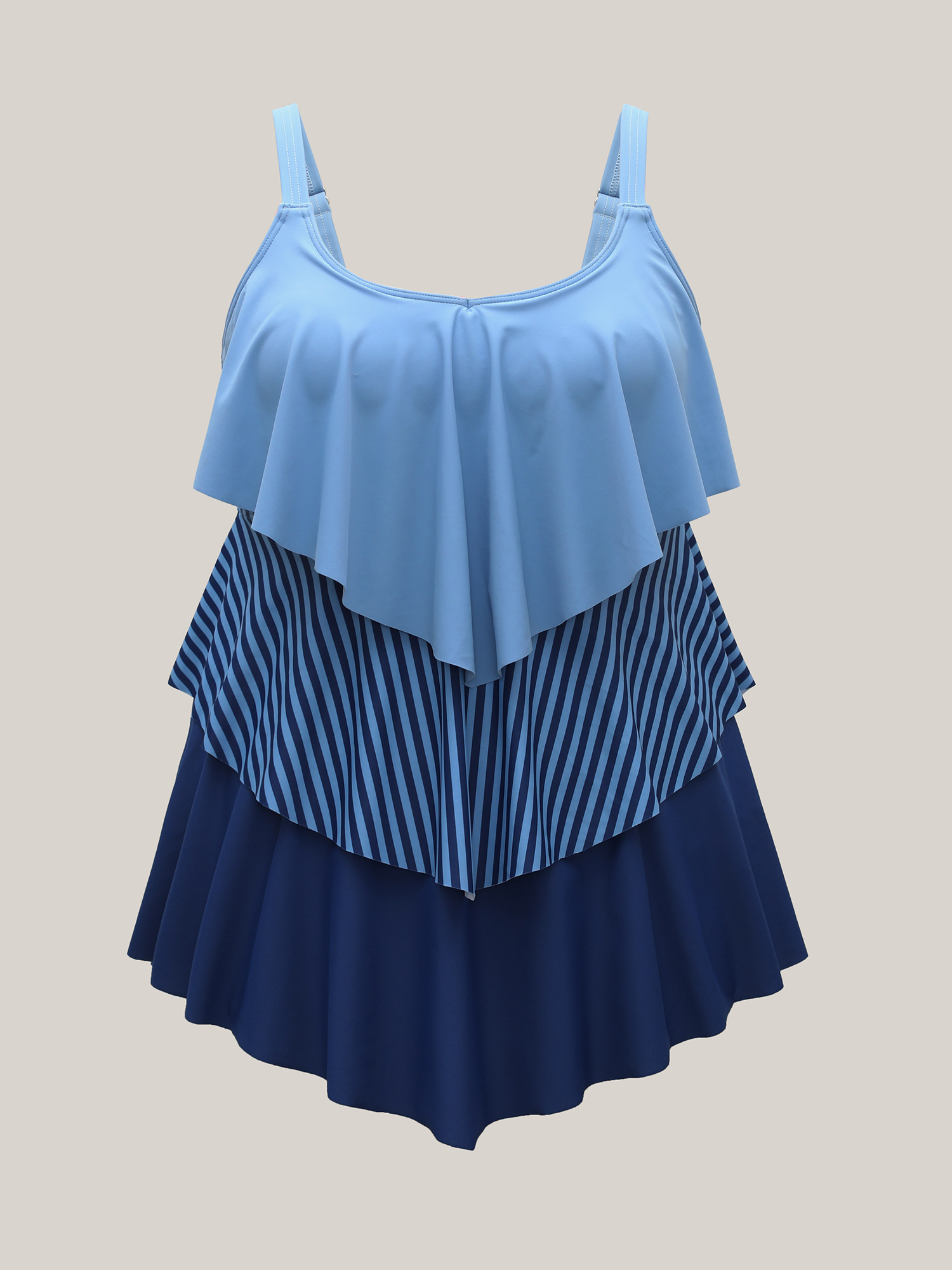 Plus Size Color Block Ruffled Flared Swim Top Women`s Swimwear Mediumblue Beach High stretch Bodycon V-neck Curve Swim Tops BloomChic 12/L 
