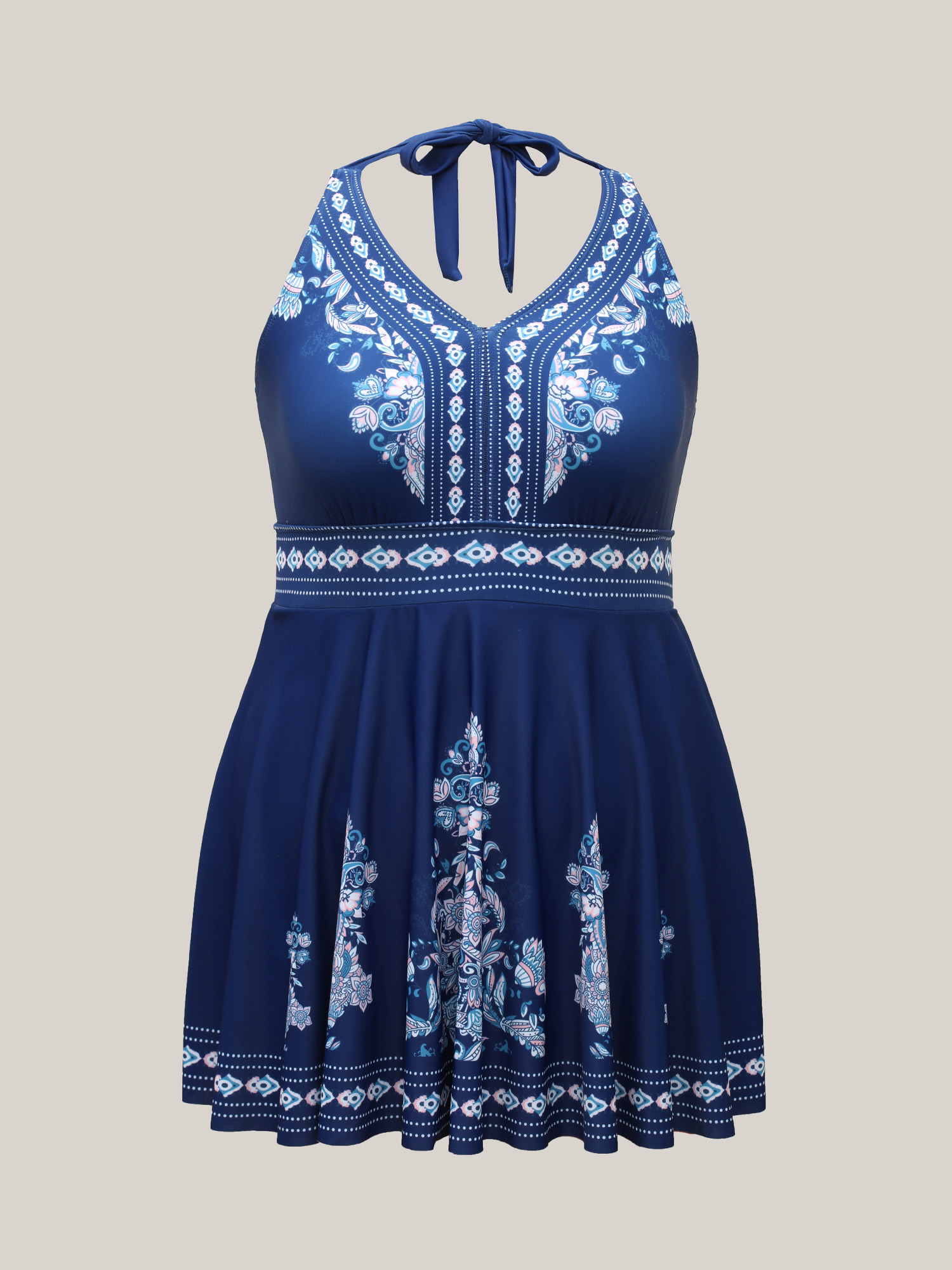 Plus Size Boho Print Halter Neck Swim Dress Women`s Swimwear Mediumblue Beach Bodycon V-neck High stretch Curve Swim Dresses BloomChic 30/6X 