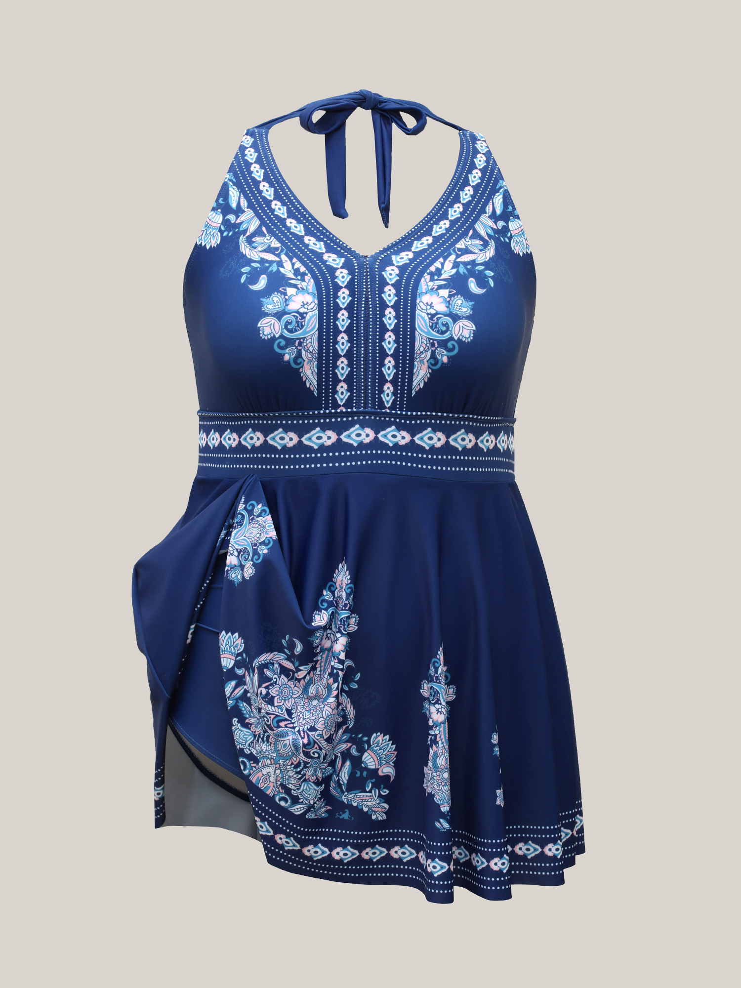 Plus Size Boho Print Halter Neck Swim Dress Women`s Swimwear Mediumblue Beach Bodycon V-neck High stretch Curve Swim Dresses BloomChic 30/6X 