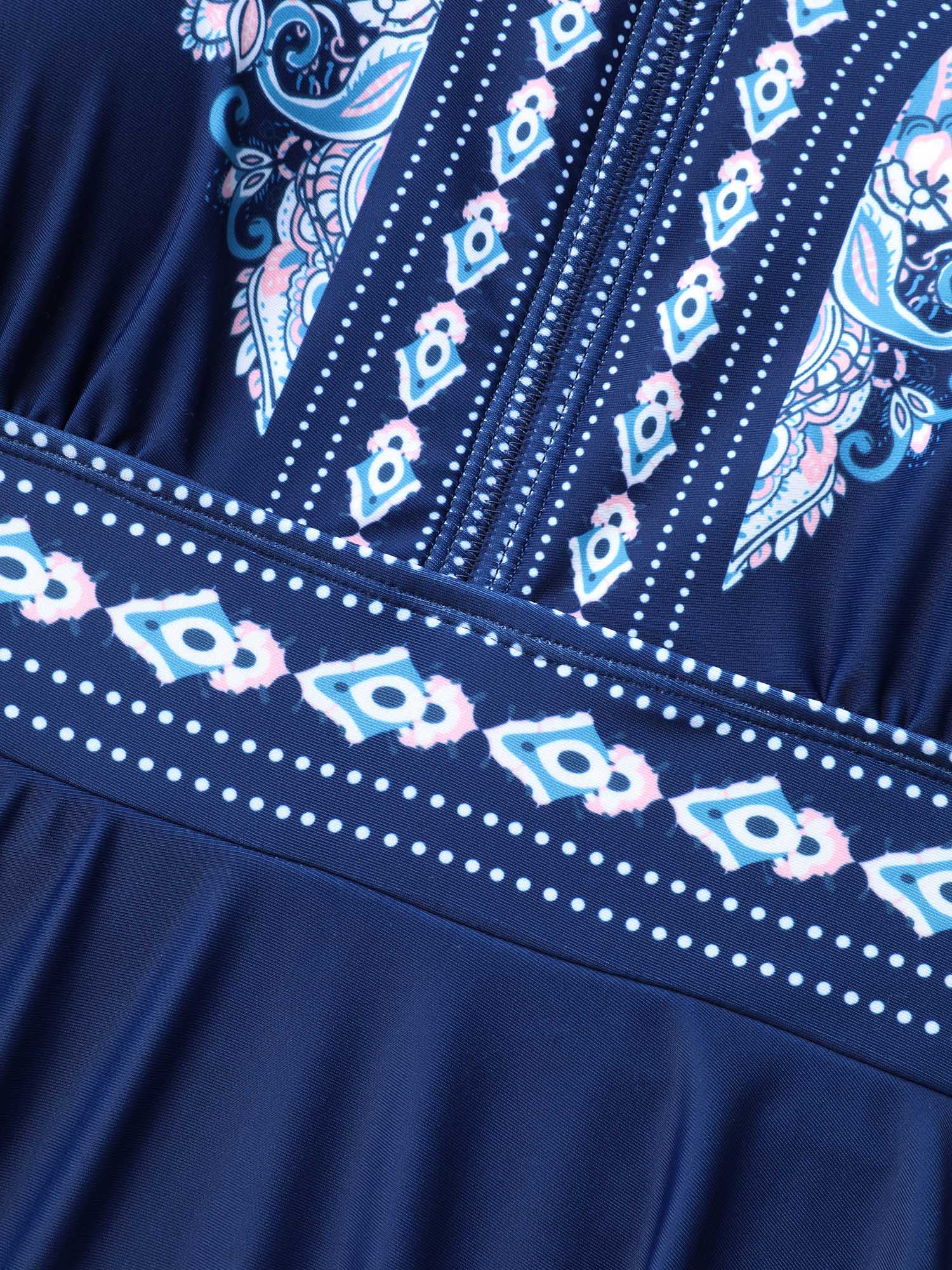 Plus Size Boho Print Halter Neck Swim Dress Women`s Swimwear Mediumblue Beach Bodycon V-neck High stretch Curve Swim Dresses BloomChic 30/6X 