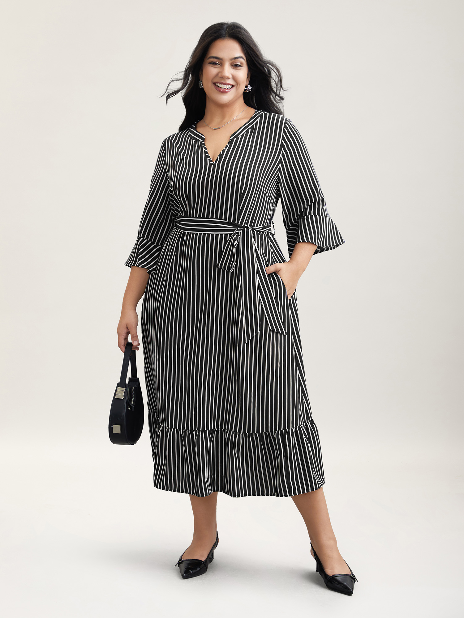 Plus Size Striped Belted Notched Collar Midi Dress Black Women At the Office Belted Flat collar with V-notch Elbow-length sleeve Curvy BloomChic 12/L 