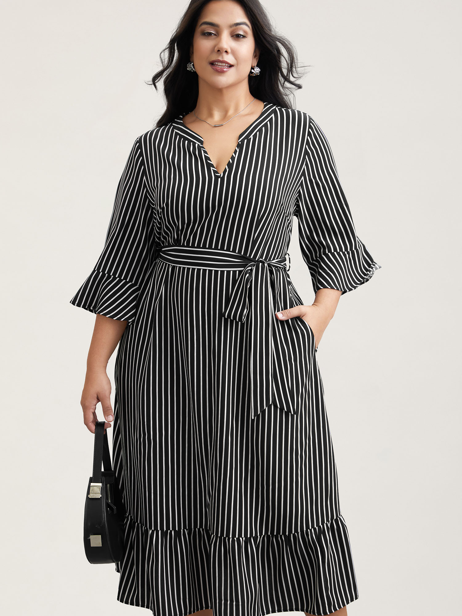 Plus Size Striped Belted Notched Collar Midi Dress Black Women At the Office Belted Flat collar with V-notch Elbow-length sleeve Curvy BloomChic 12/L 