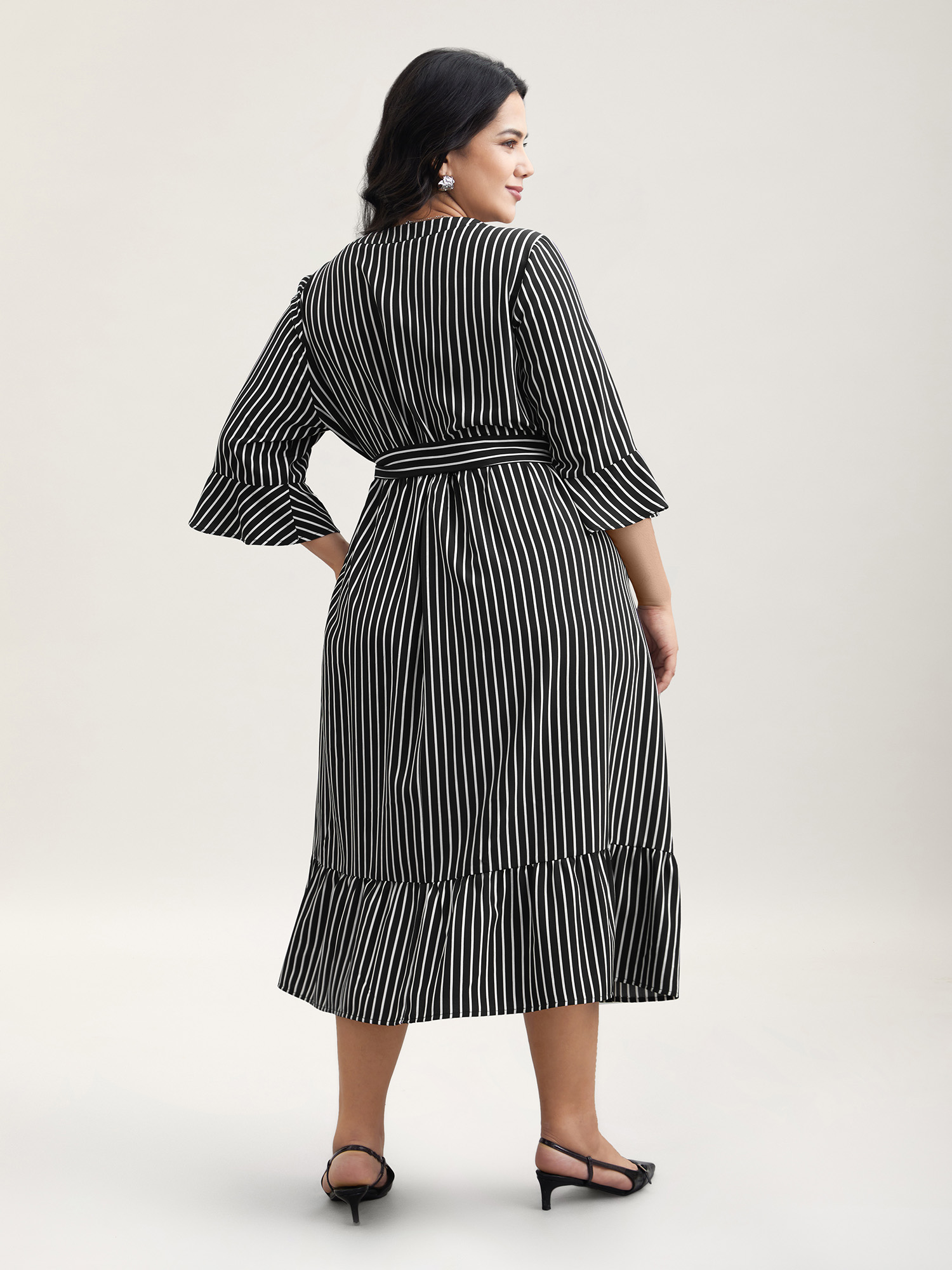 Plus Size Striped Belted Notched Collar Midi Dress Black Women At the Office Belted Flat collar with V-notch Elbow-length sleeve Curvy BloomChic 12/L 