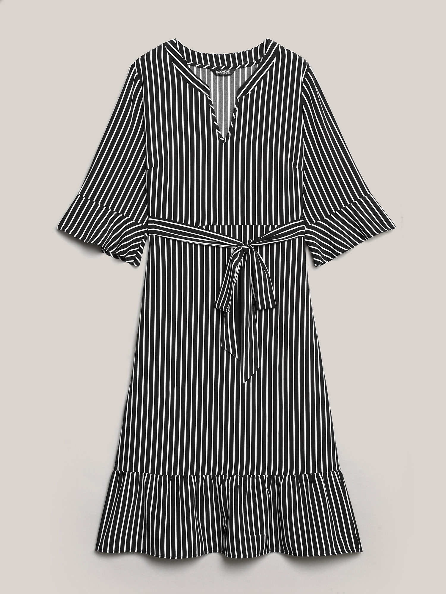 Plus Size Striped Belted Notched Collar Midi Dress Black Women At the Office Belted Flat collar with V-notch Elbow-length sleeve Curvy BloomChic 12/L 