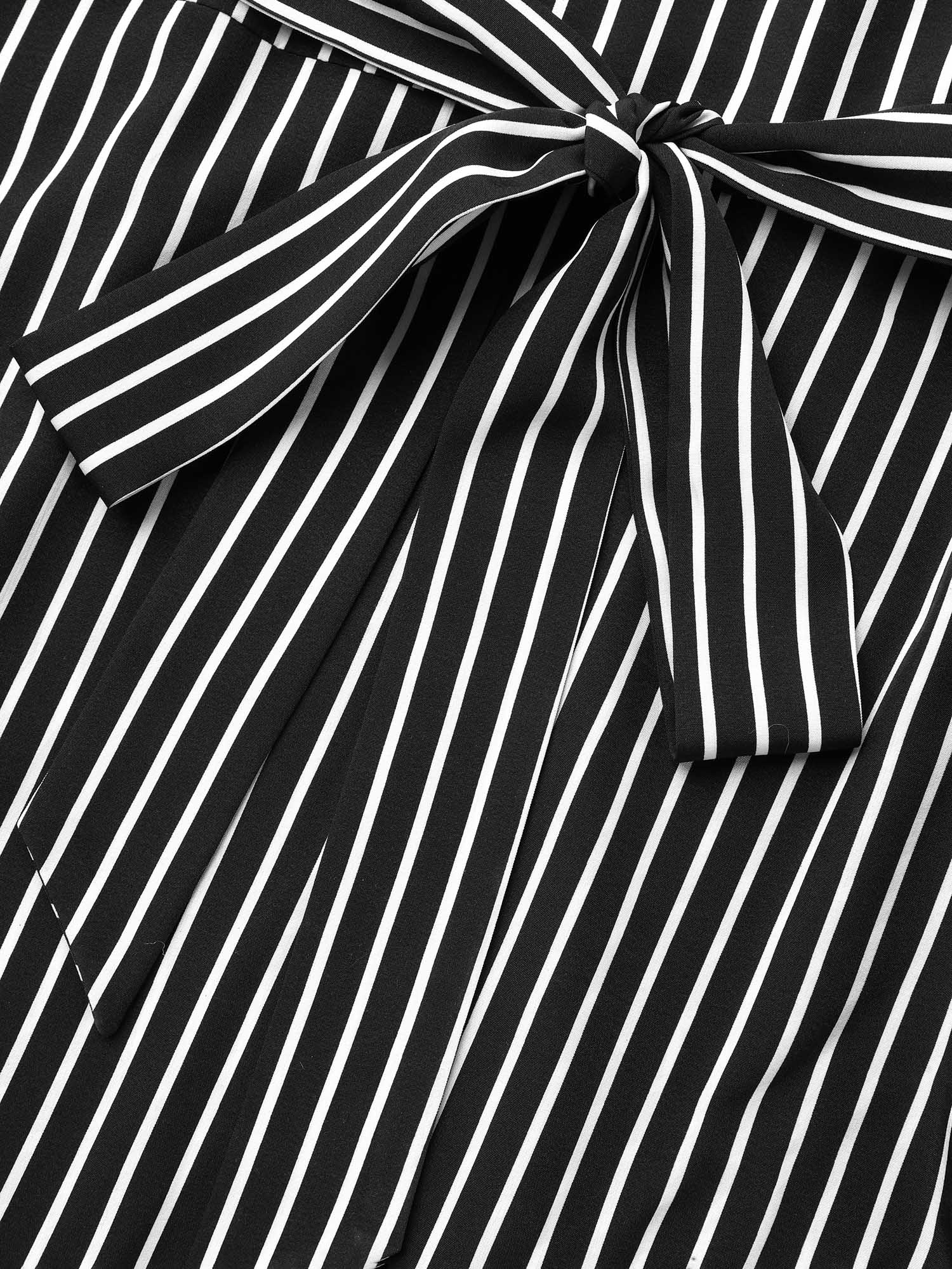 Plus Size Striped Belted Notched Collar Midi Dress Black Women At the Office Belted Flat collar with V-notch Elbow-length sleeve Curvy BloomChic 12/L 