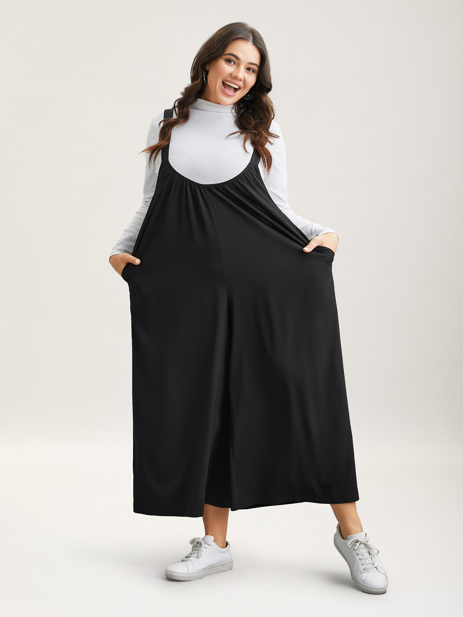Plus Size Black Adjustable Straps Pockets Plain Flared Jumpsuit Women Casual Sleeveless Non Everyday Loose Jumpsuits BloomChic 22-24/3X 