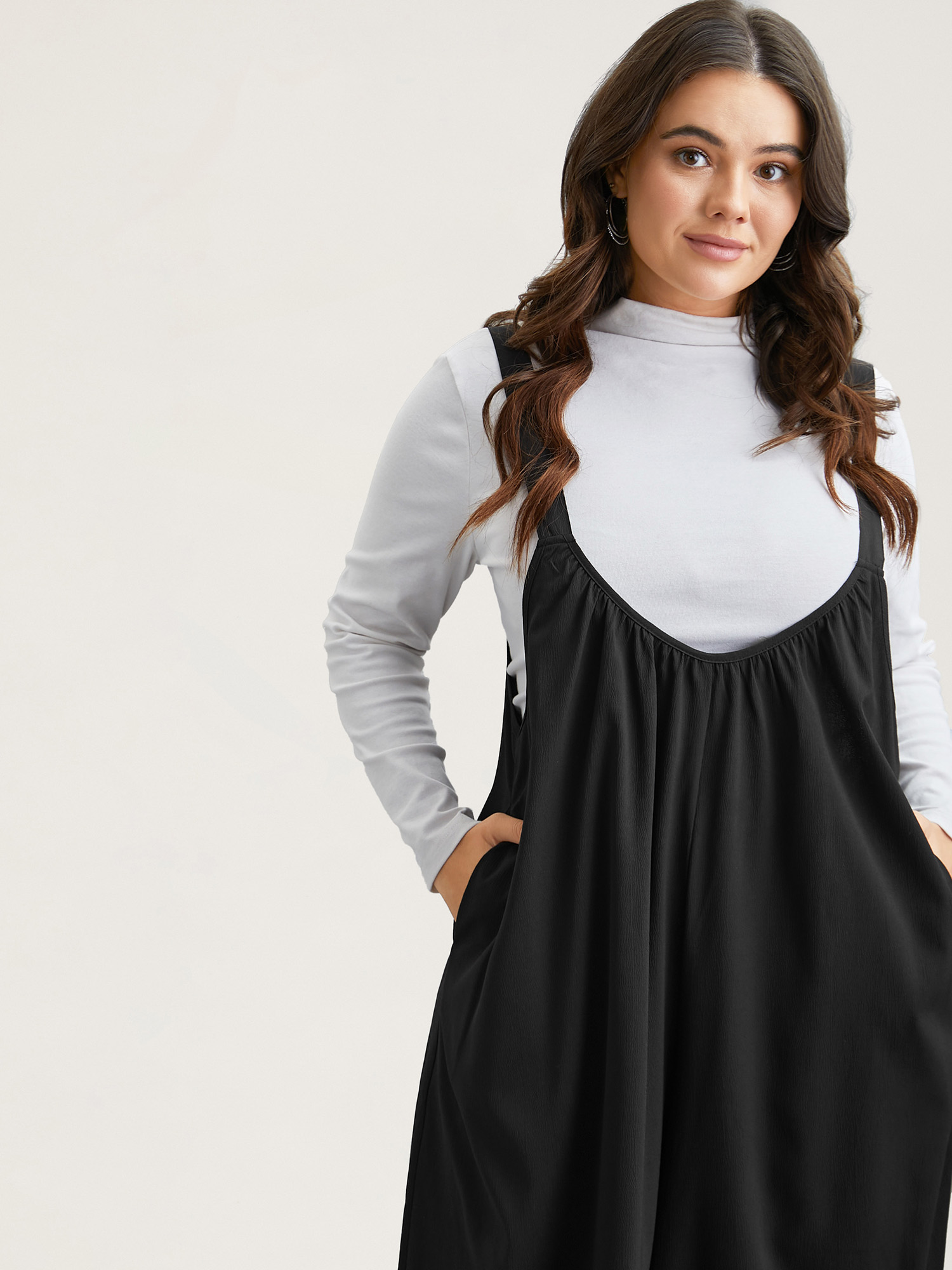 Plus Size Black Adjustable Straps Pockets Plain Flared Jumpsuit Women Casual Sleeveless Non Everyday Loose Jumpsuits BloomChic 22-24/3X 