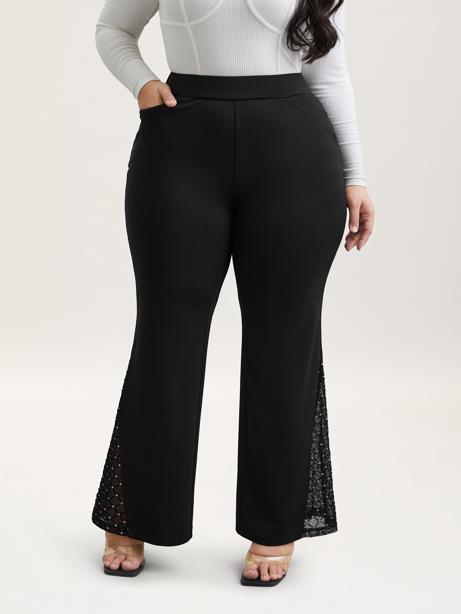 Plus Size Mesh Spliced Mid Rise Flared Pants Women Black Elegant Bootcut Mid Rise Everyday Pants BloomChic 30/6X 