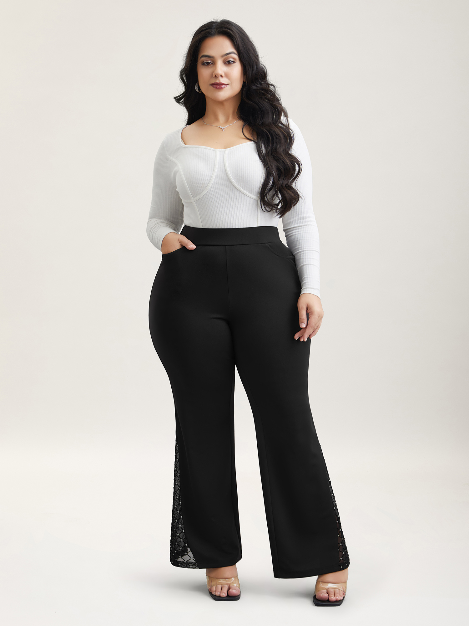 Plus Size Mesh Spliced Mid Rise Flared Pants Women Black Elegant Bootcut Mid Rise Everyday Pants BloomChic 30/6X 