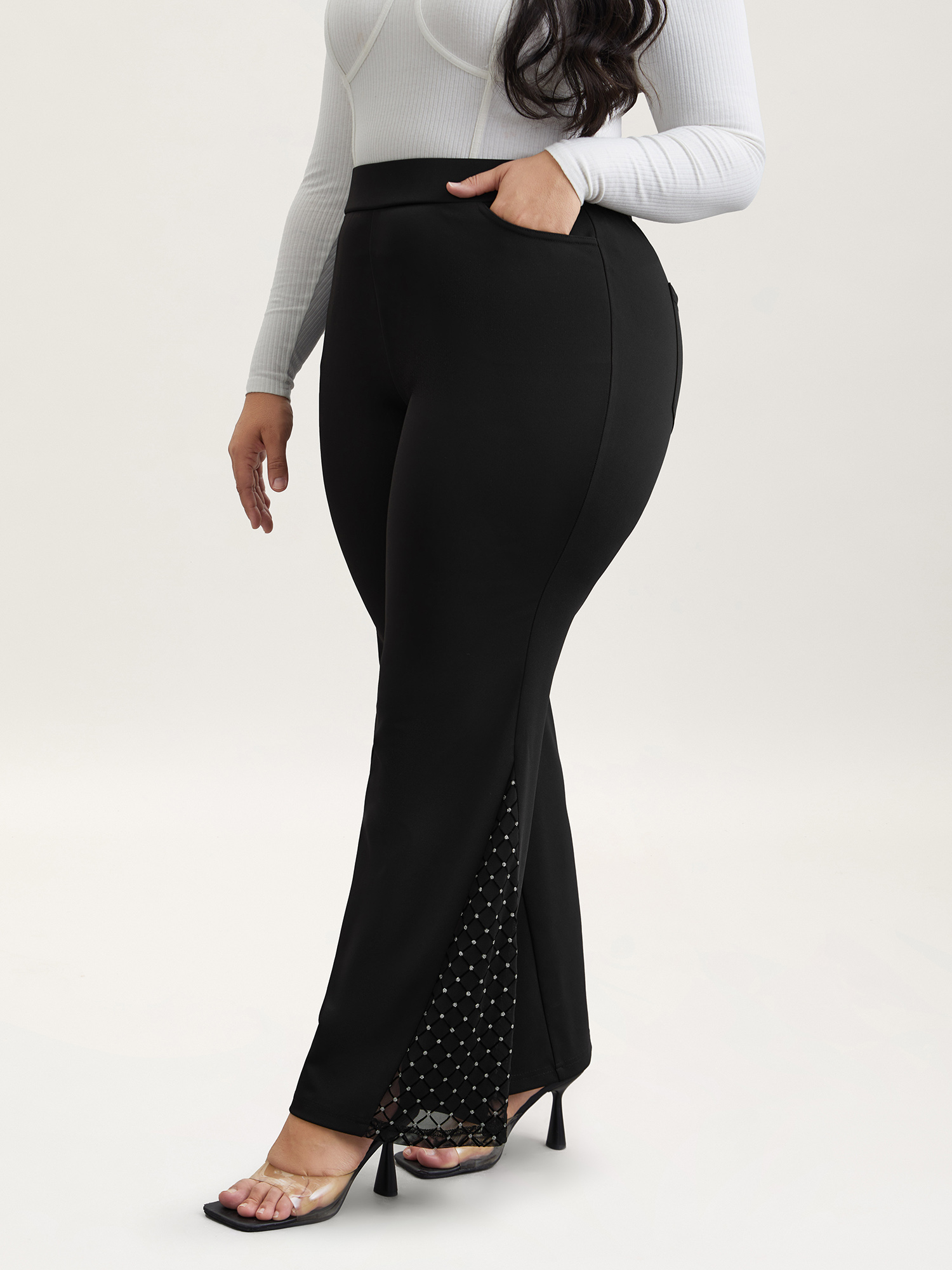 

Plus Size Mesh Spliced Mid Rise Flared Pants Women Black Elegant Bootcut Mid Rise Everyday Pants BloomChic