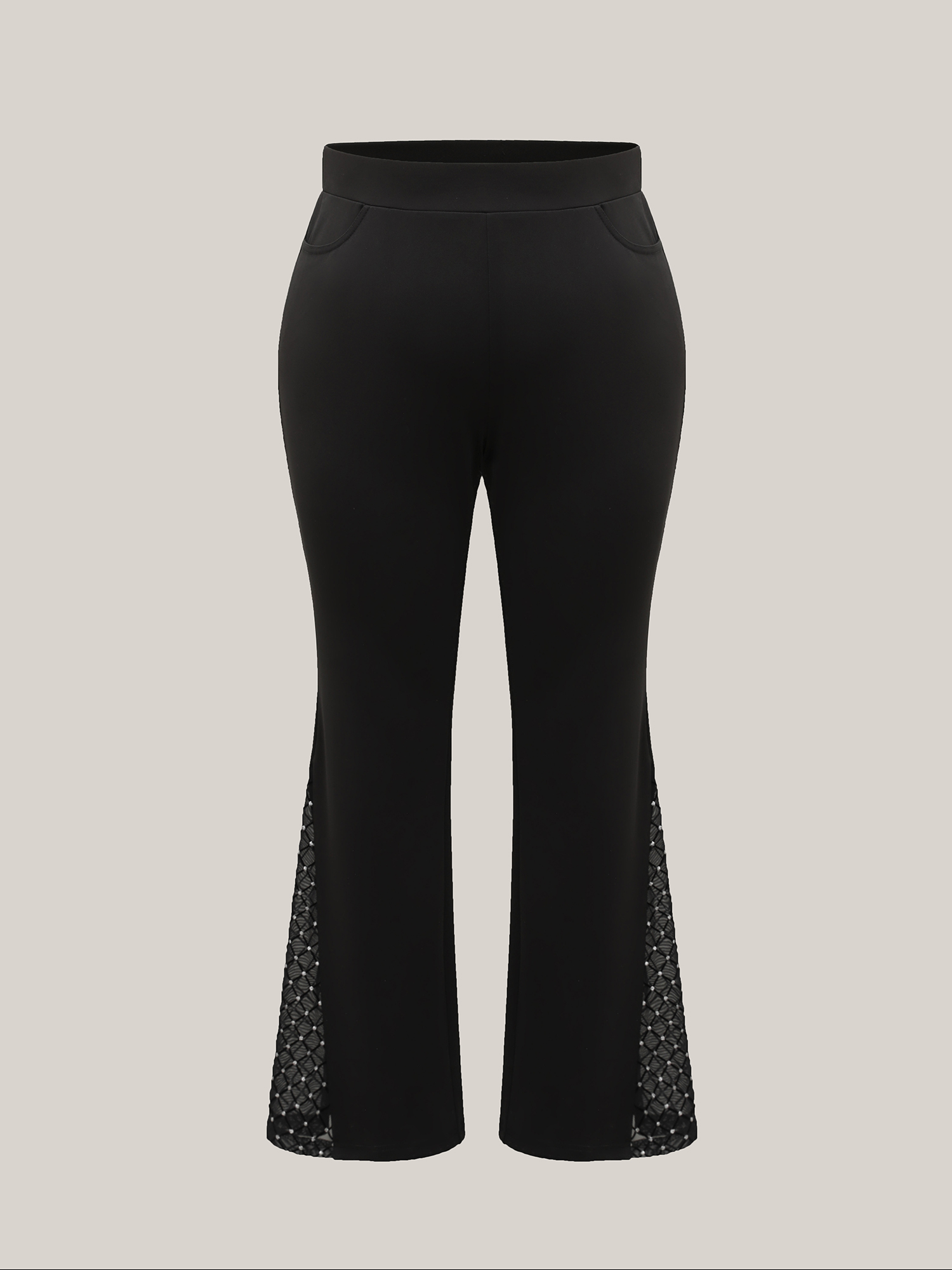 Plus Size Mesh Spliced Mid Rise Flared Pants Women Black Elegant Bootcut Mid Rise Everyday Pants BloomChic 30/6X 