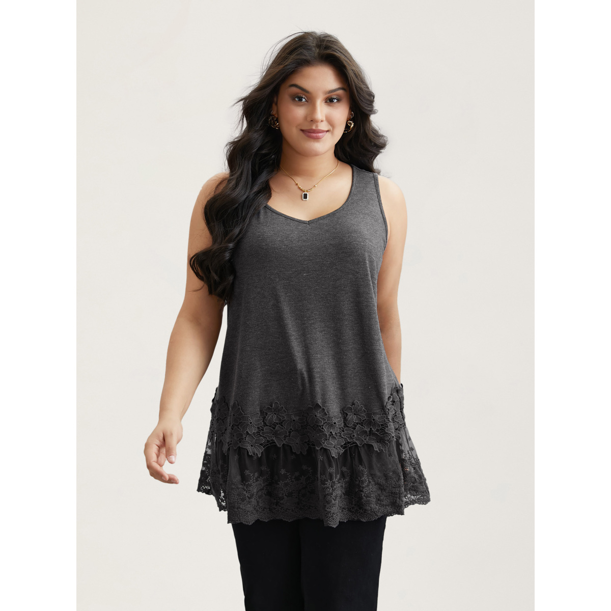 Plus Size Lace Patchwork Plain V-Neck Vest Women DimGray Elegant Woven ribbon&lace trim V-neck Everyday Tank Tops Camis BloomChic