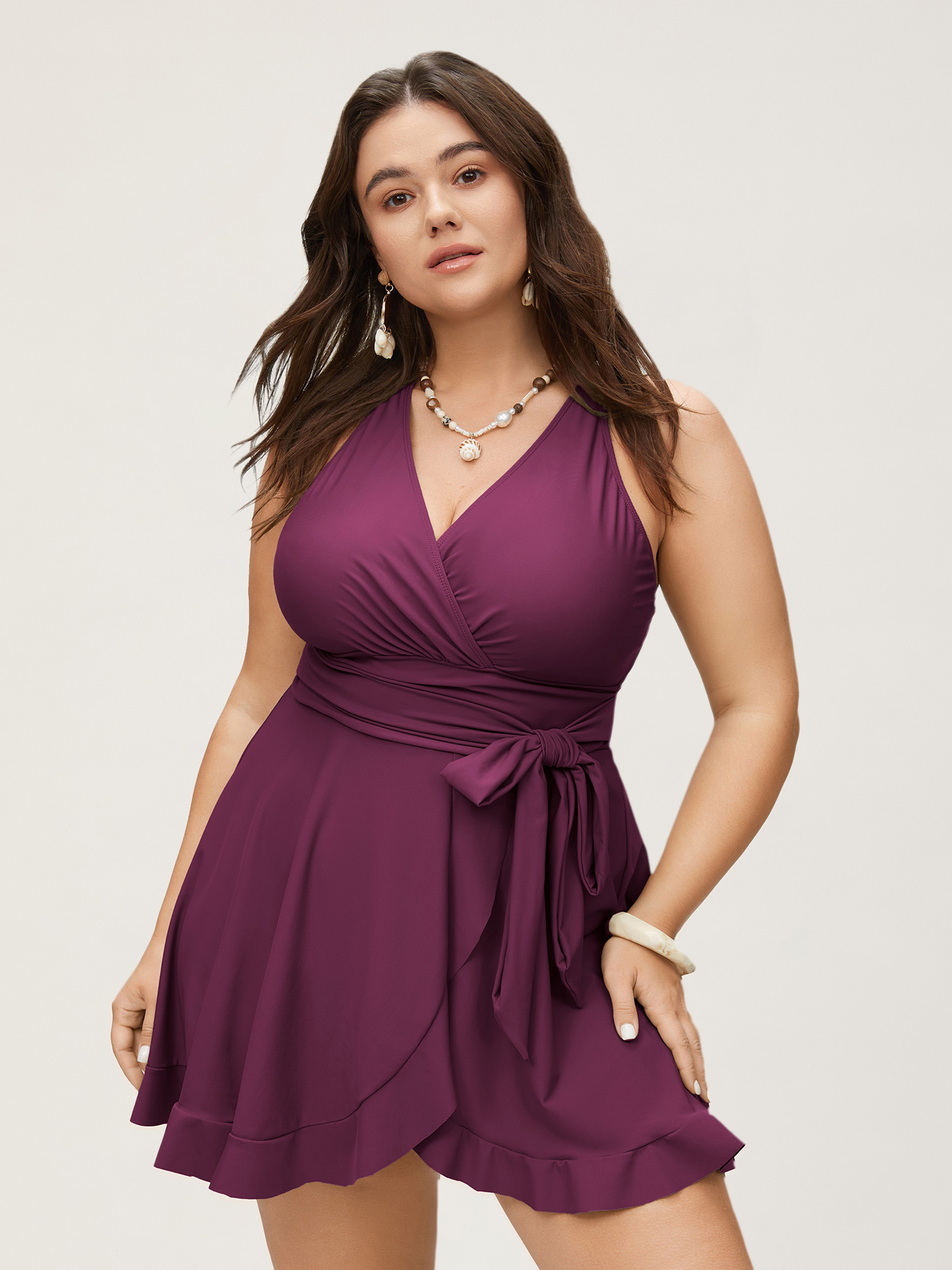 

Plus Size Plain Ties Wrap Flutters Swim Dress Women's Swimwear RedViolet Beach Bodycon Overlap Collar High stretch Curve Swim Dresses BloomChic