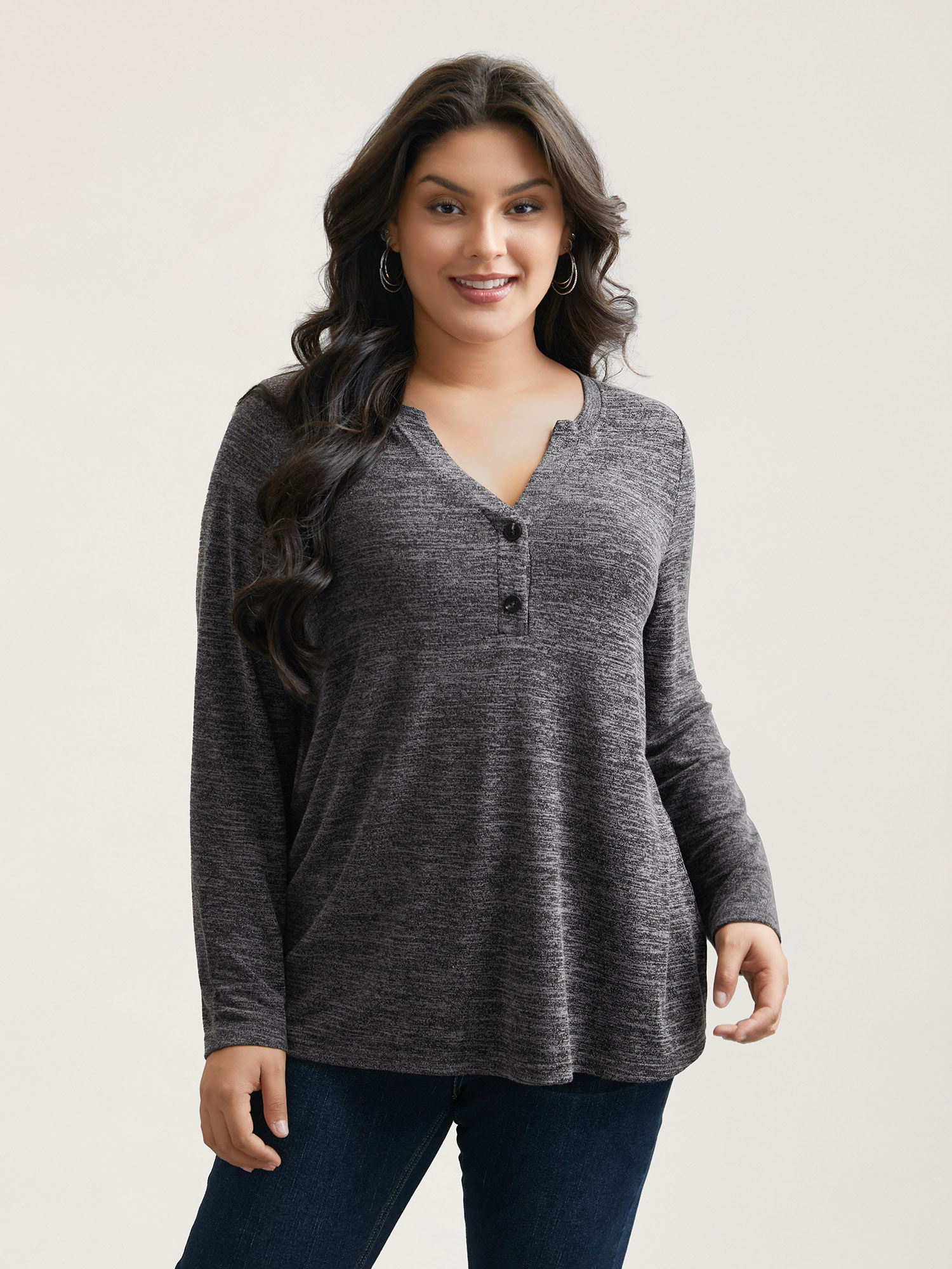 Plus Size Heather Textured Button-Front Fitted T-Shirt DimGray Women Casual Button Notched collar Bodycon Everyday T-shirts BloomChic 14-16/1X 