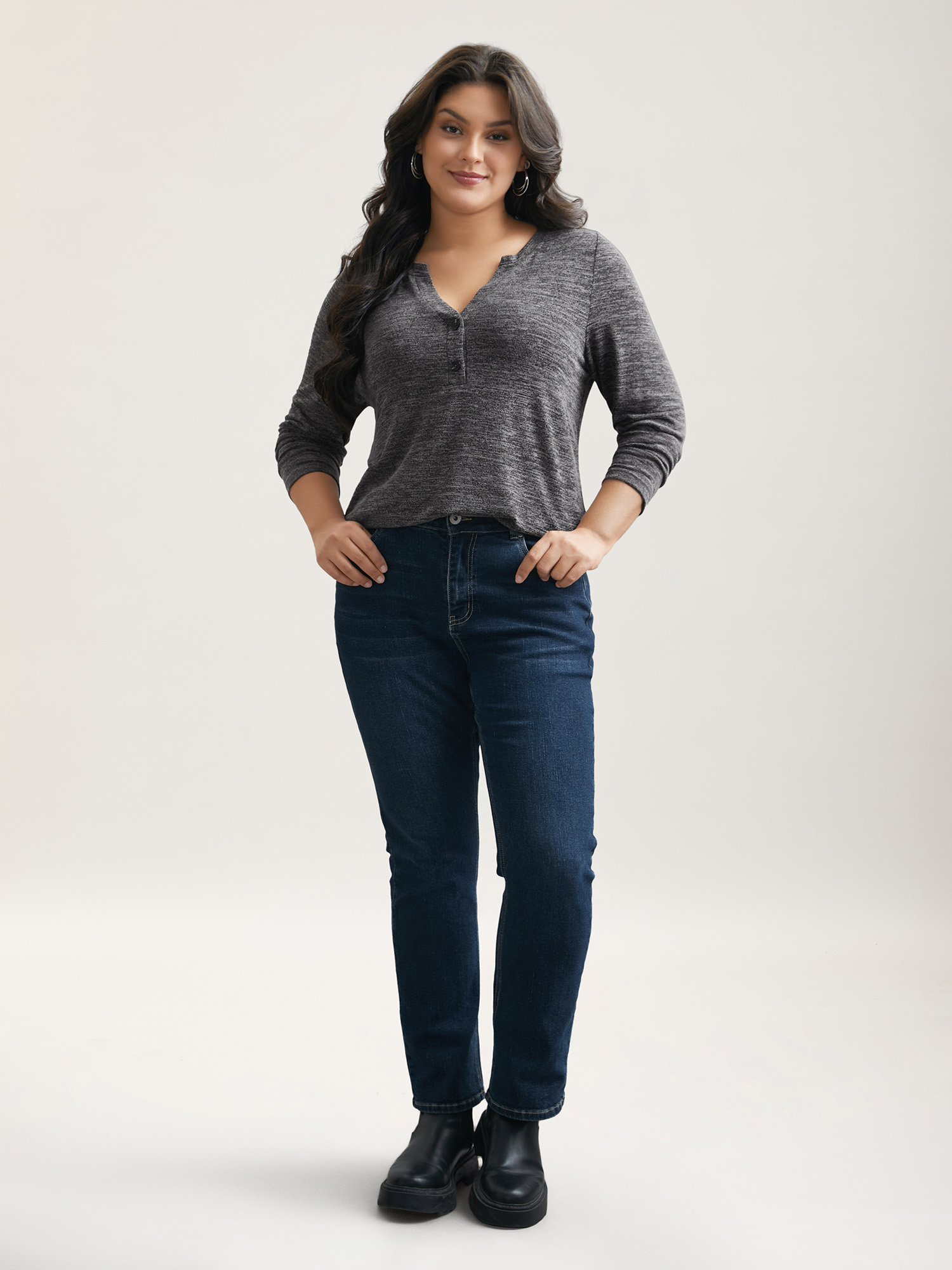 Plus Size Heather Textured Button-Front Fitted T-Shirt DimGray Women Casual Button Notched collar Bodycon Everyday T-shirts BloomChic 14-16/1X 