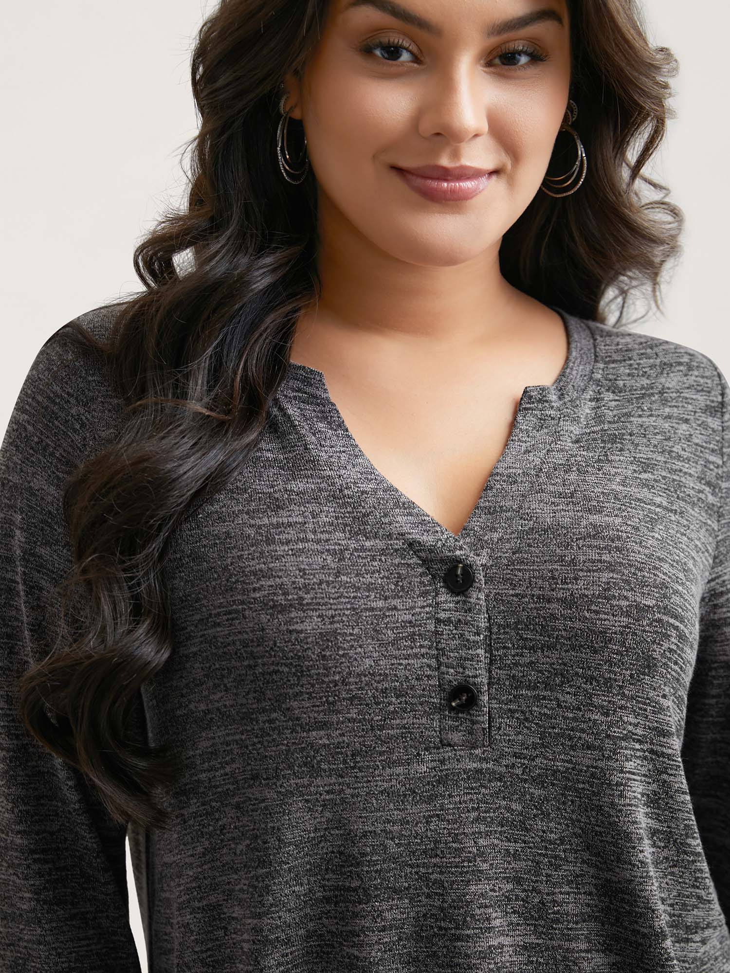 Plus Size Heather Textured Button-Front Fitted T-Shirt DimGray Women Casual Button Notched collar Bodycon Everyday T-shirts BloomChic 14-16/1X 