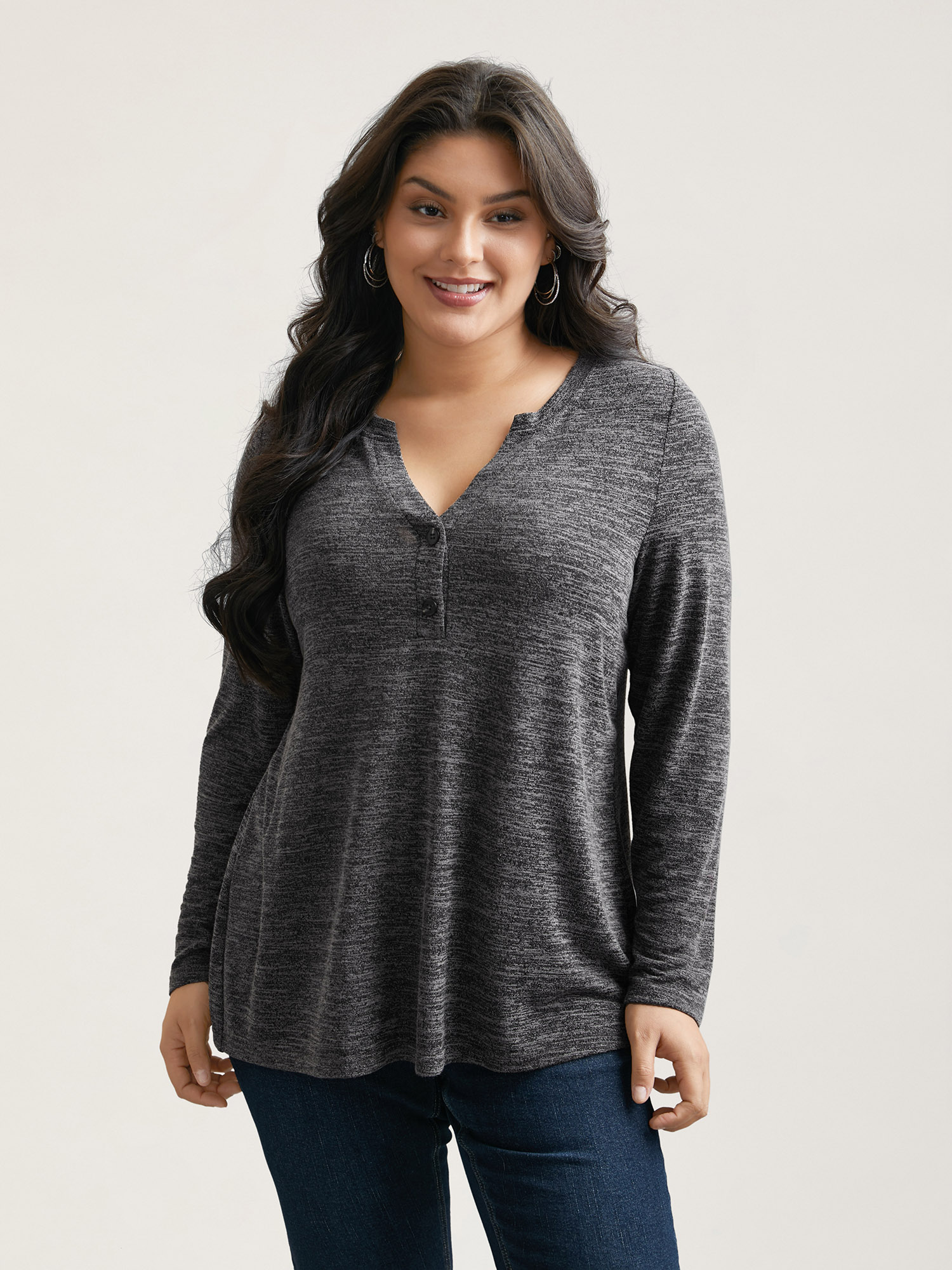 Plus Size Heather Textured Button-Front Fitted T-Shirt DimGray Women Casual Button Notched collar Bodycon Everyday T-shirts BloomChic 14-16/1X 