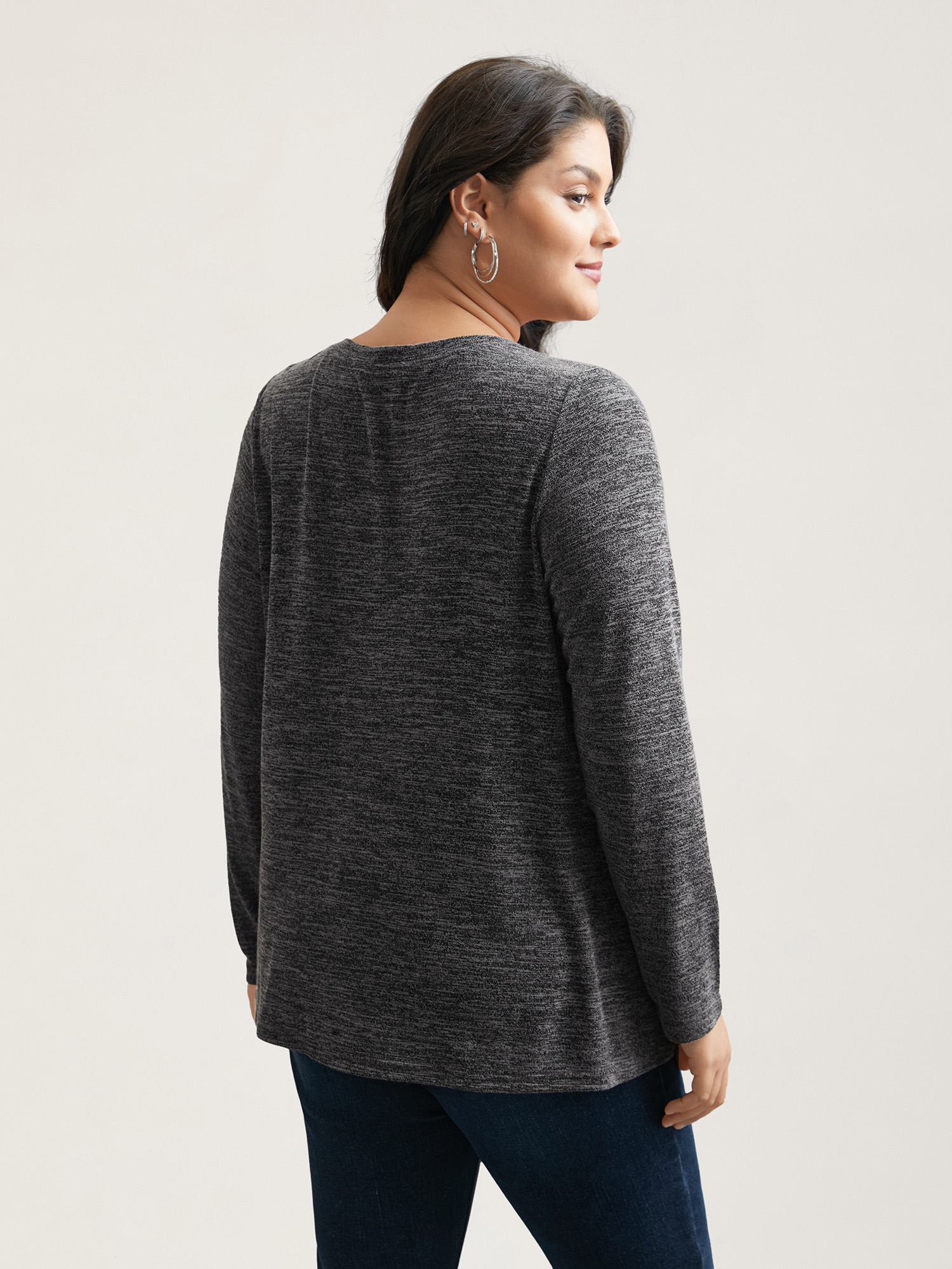 Plus Size Heather Textured Button-Front Fitted T-Shirt DimGray Women Casual Button Notched collar Bodycon Everyday T-shirts BloomChic 14-16/1X 