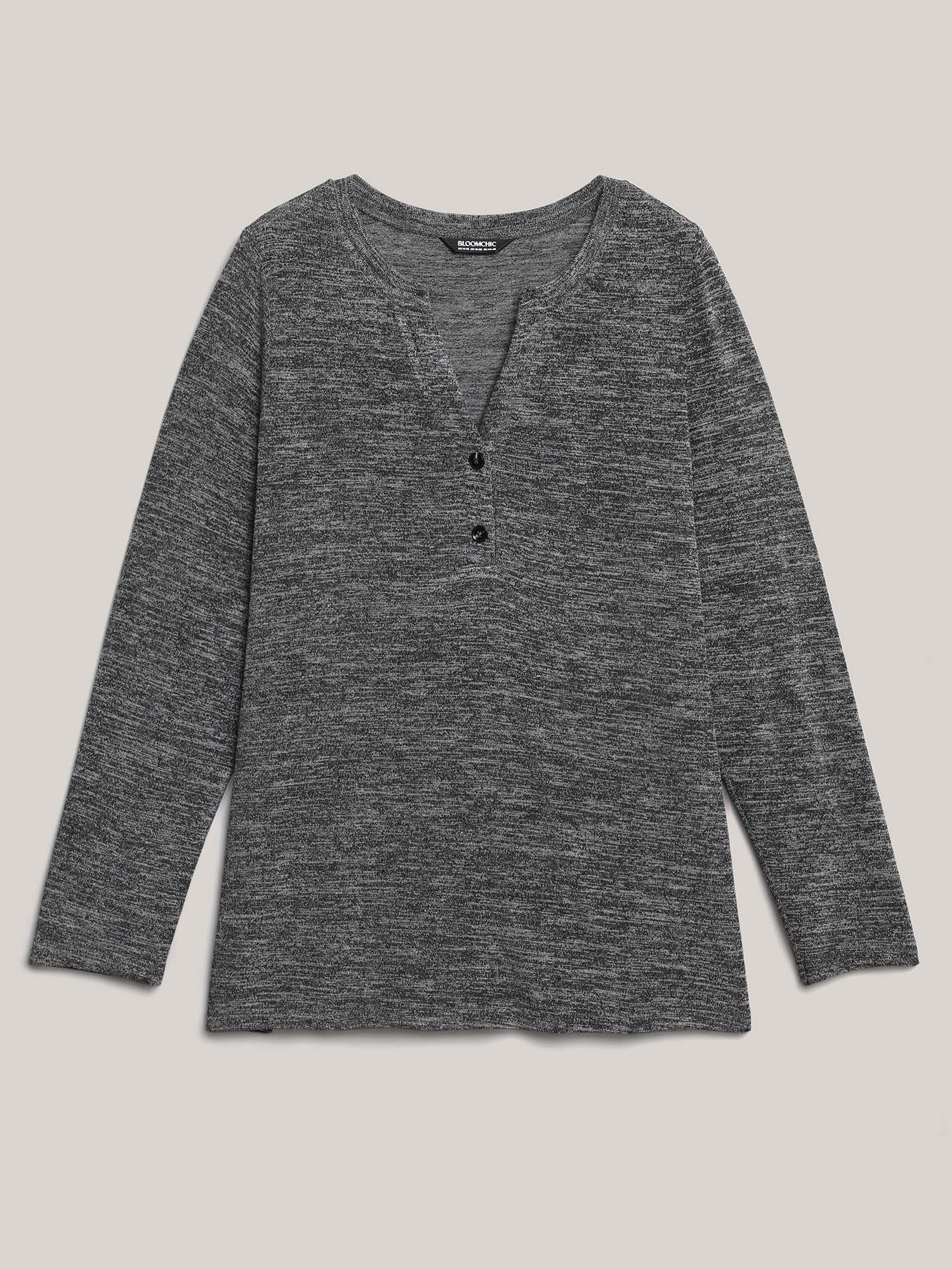 Plus Size Heather Textured Button-Front Fitted T-Shirt DimGray Women Casual Button Notched collar Bodycon Everyday T-shirts BloomChic 14-16/1X 