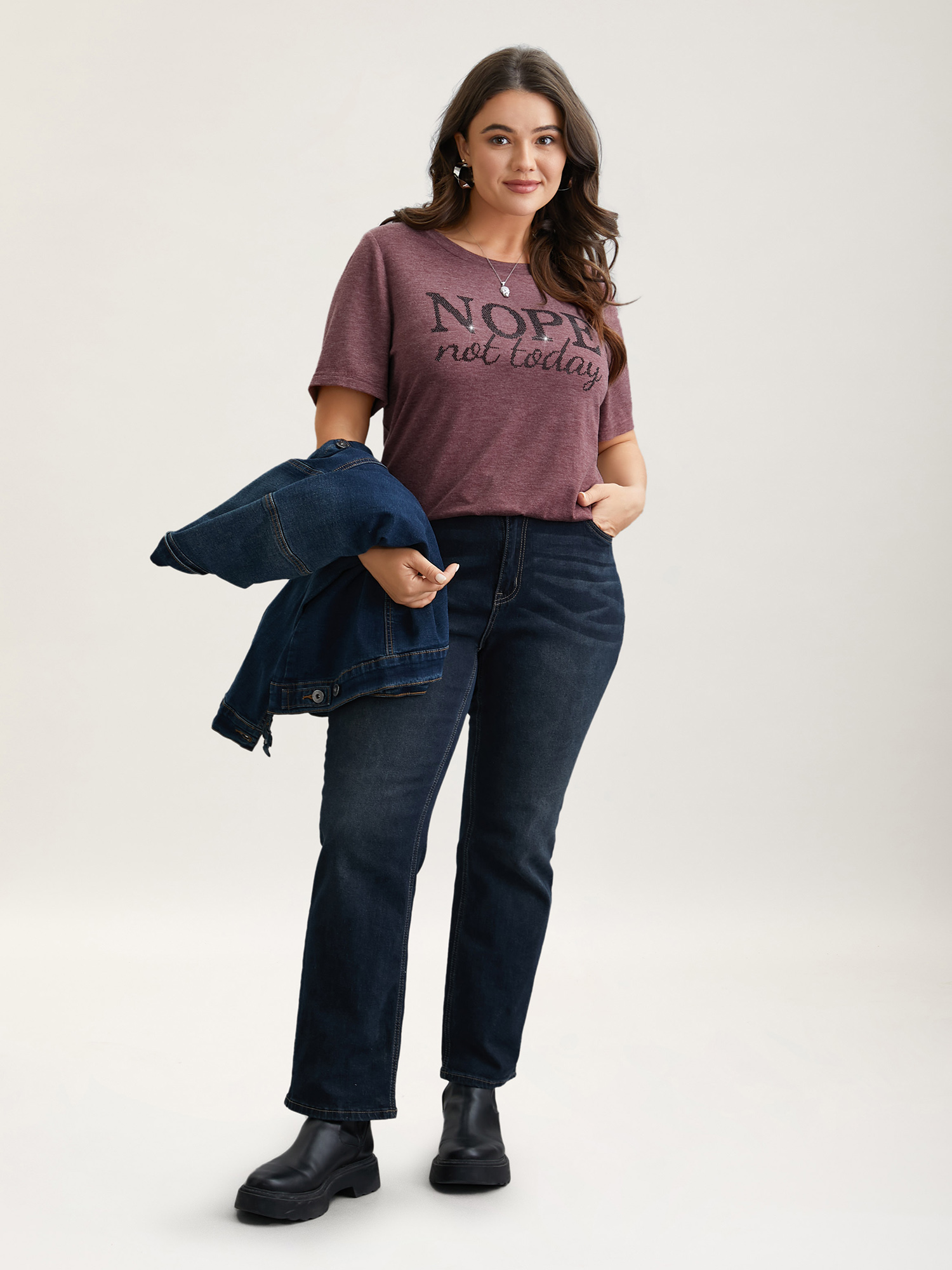 Plus Size Nope Not Today Print Rhinestone Round Neck T-Shirt Deepred Women Casual Rhinestone detailing Round Neck Everyday T-shirts BloomChic 10/M 