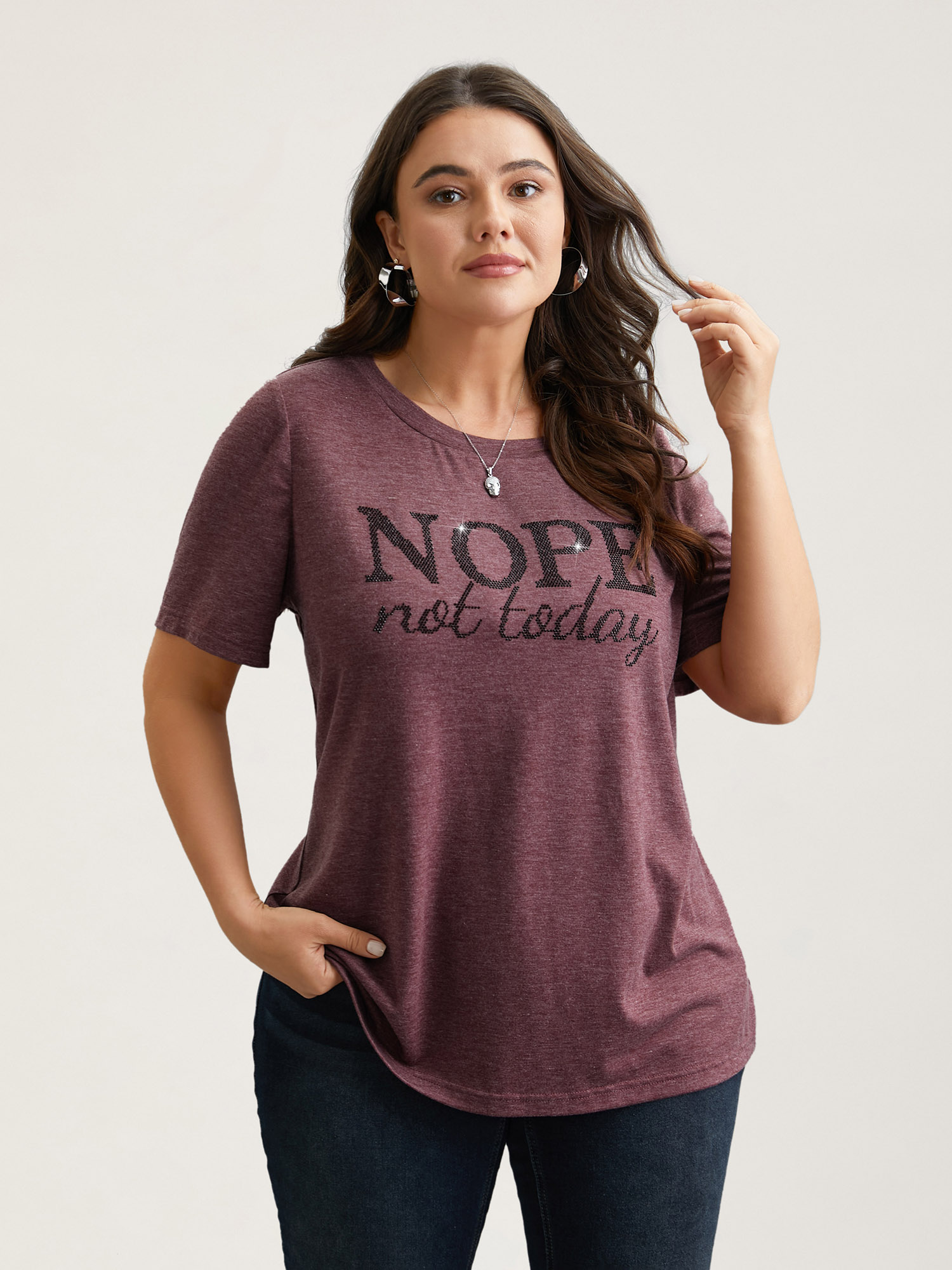 Plus Size Nope Not Today Print Rhinestone Round Neck T-Shirt Deepred Women Casual Rhinestone detailing Round Neck Everyday T-shirts BloomChic 10/M 