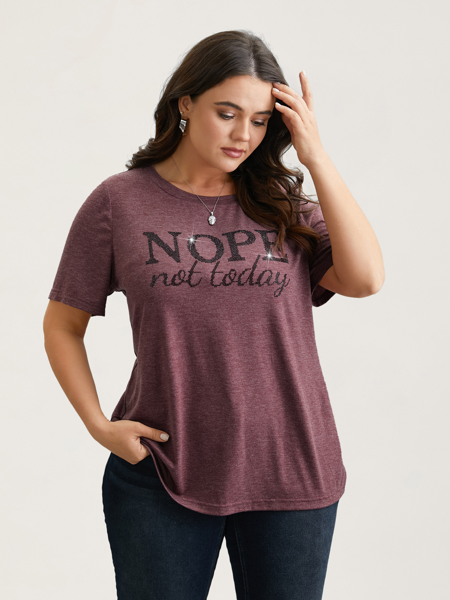 Plus Size Nope Not Today Print Rhinestone Round Neck T-Shirt Deepred Women Casual Rhinestone detailing Round Neck Everyday T-shirts BloomChic 10/M 