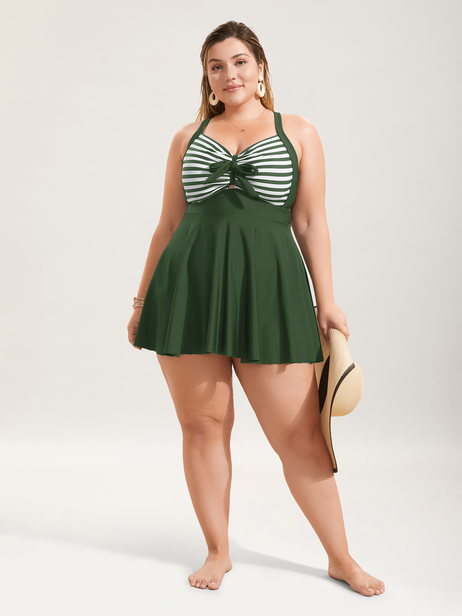 

Plus Size Stripes Patchwork Tie Knot Cross Straps Swim Dress Women's Swimwear ArmyGreen Beach Bodycon Heart neckline High stretch Curve Swim Dresses BloomChic