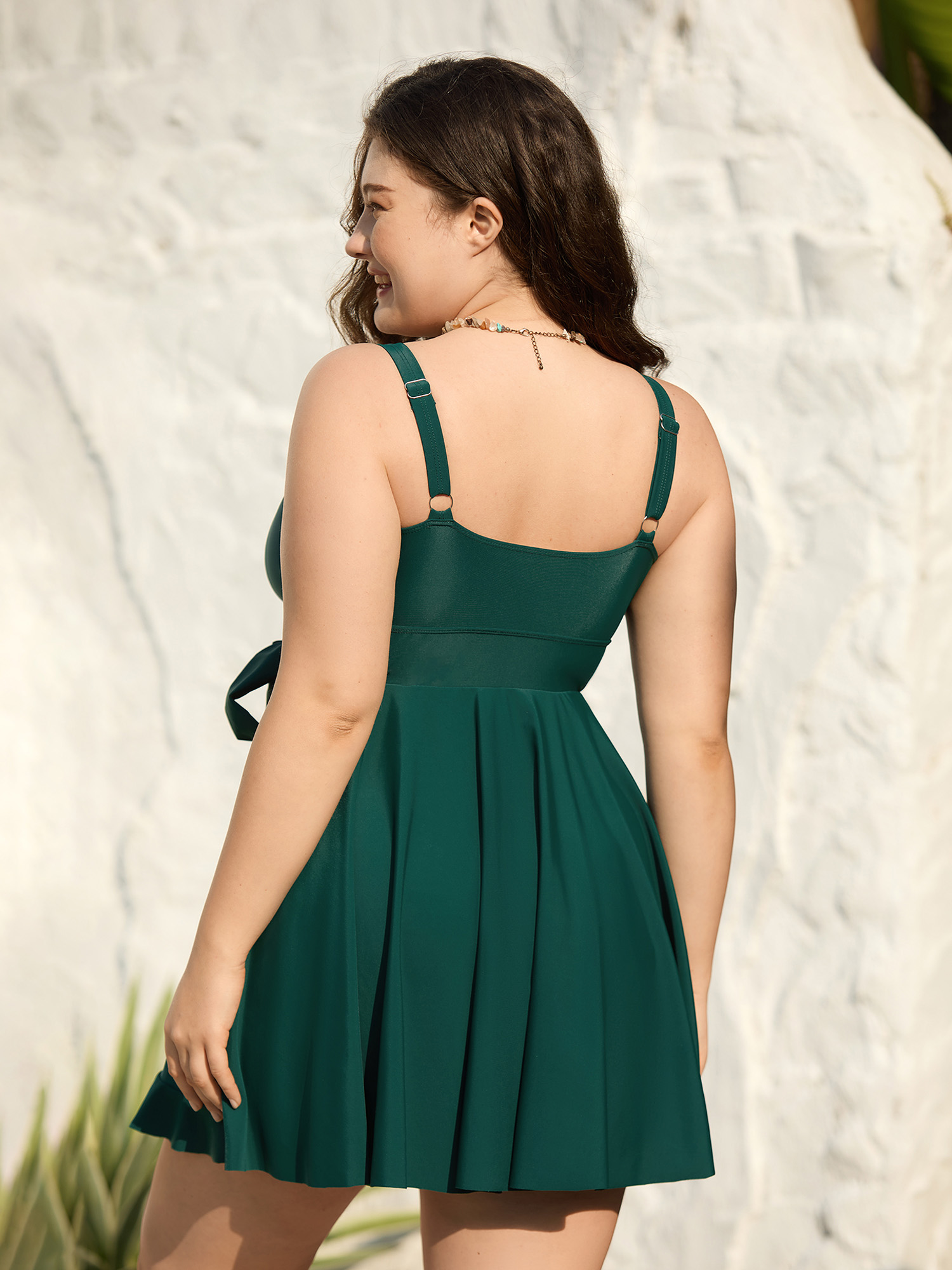 

Plus Size Flared Hem Tied Adjustable Swim Dress Women's Swimwear DarkGreen Beach Bodycon V-neck High stretch Curve Swim Dresses BloomChic