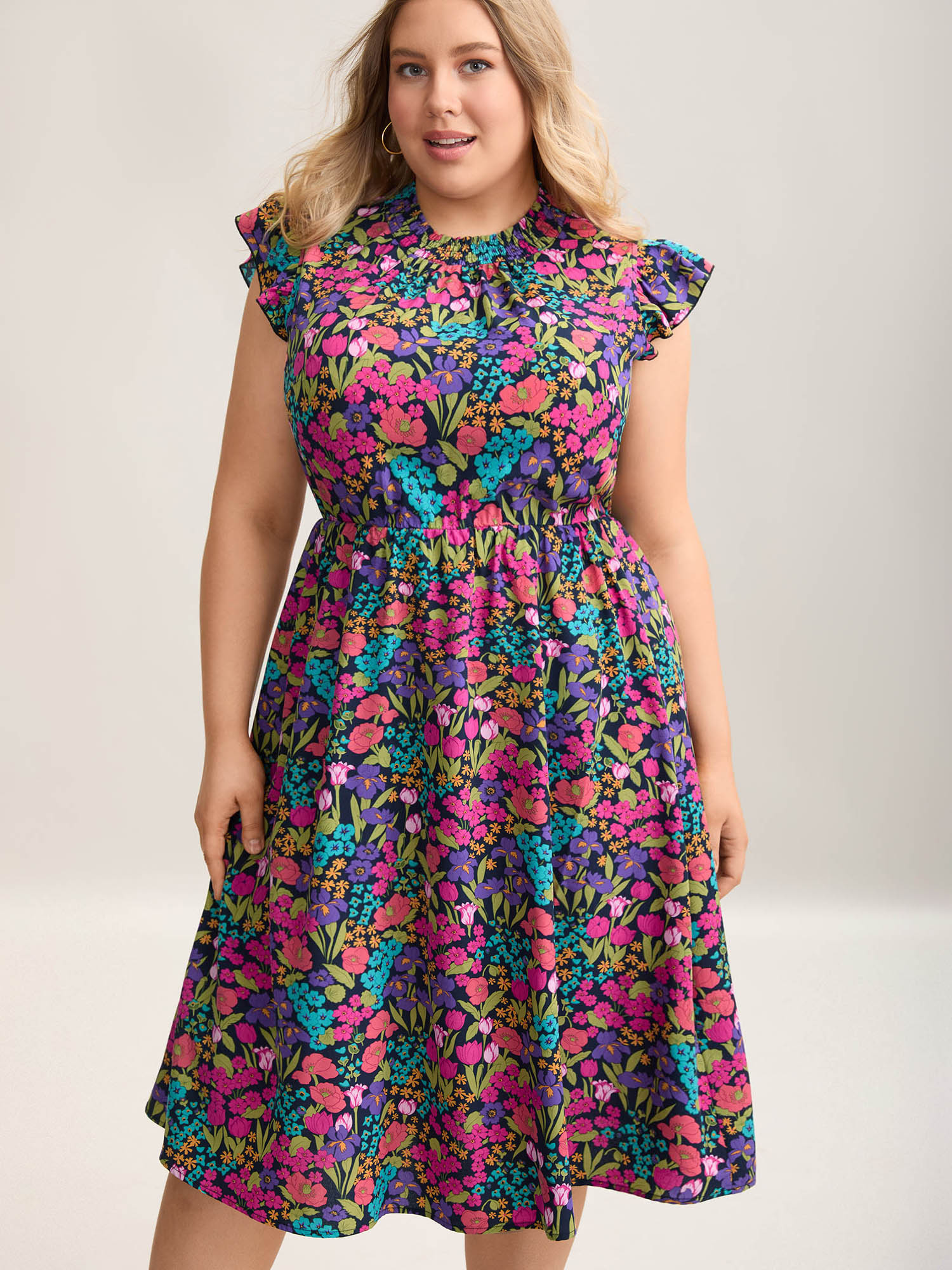 

Plus Size Floral Print Shirred Pockets Maxi Dress Indigo Women Elegant Frill Trim Mock Neck Cap Sleeve Curvy BloomChic