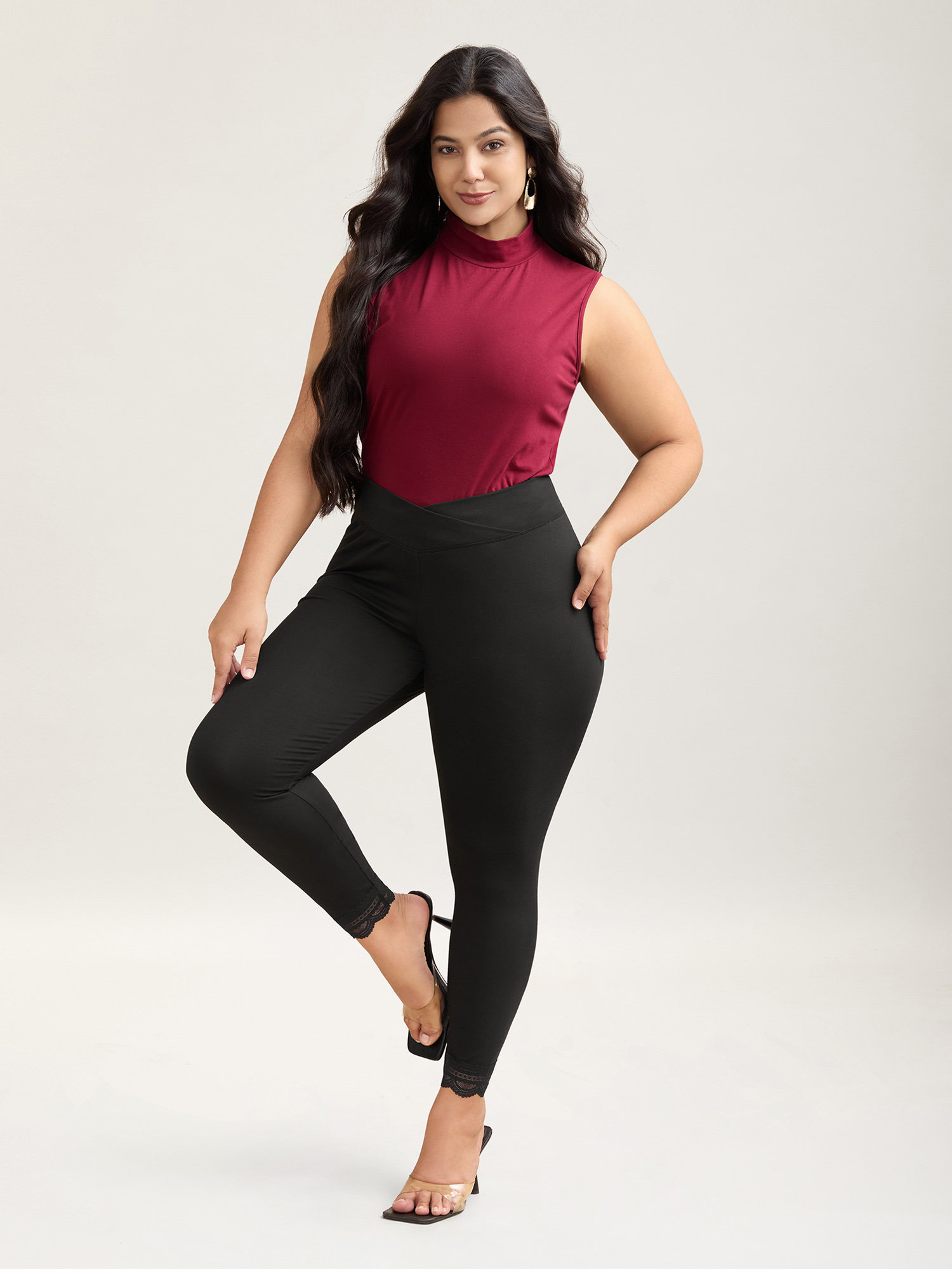 Plus Size Overlap Waist Spliced Tight Pants Women Black Elegant High stretch Skinny Mid Rise Everyday Leggings BloomChic 30/6X 