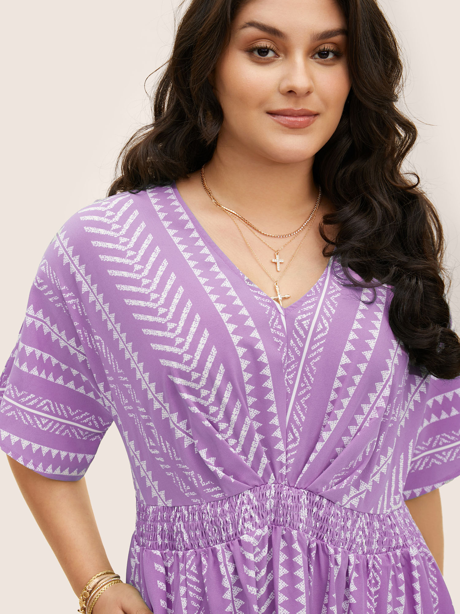 

Plus Size Solid Geometric Dolman Sleeve Pocket Shirred Split Hem Dress Lilac Women Resort Non V-neck Half Sleeve Curvy Long Dress BloomChic