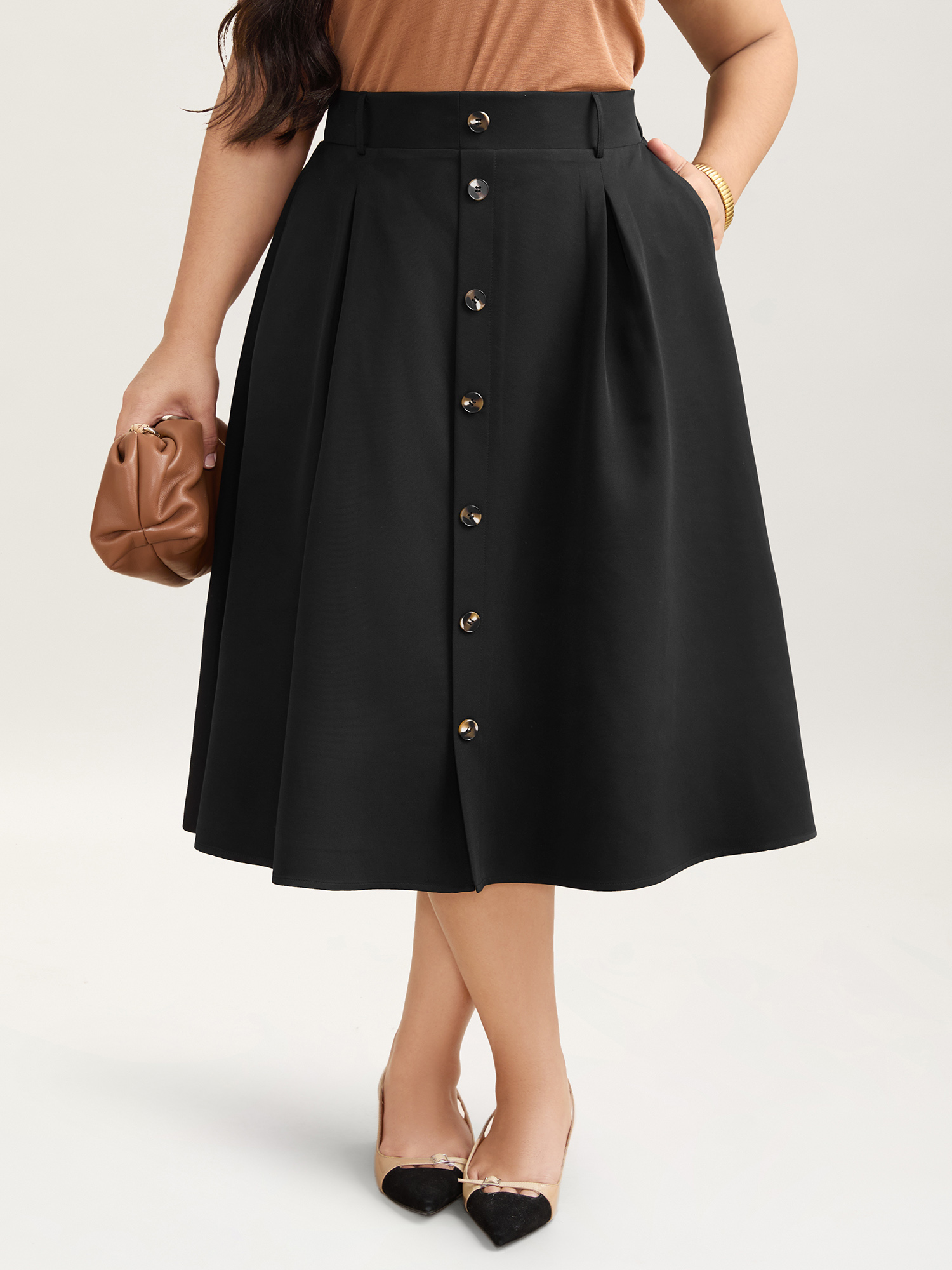 

Plus Size Buckled Button Front Pleated Midi Skirt Women Black At the Office Pleated Low stretch Slanted pocket Work Skirts BloomChic