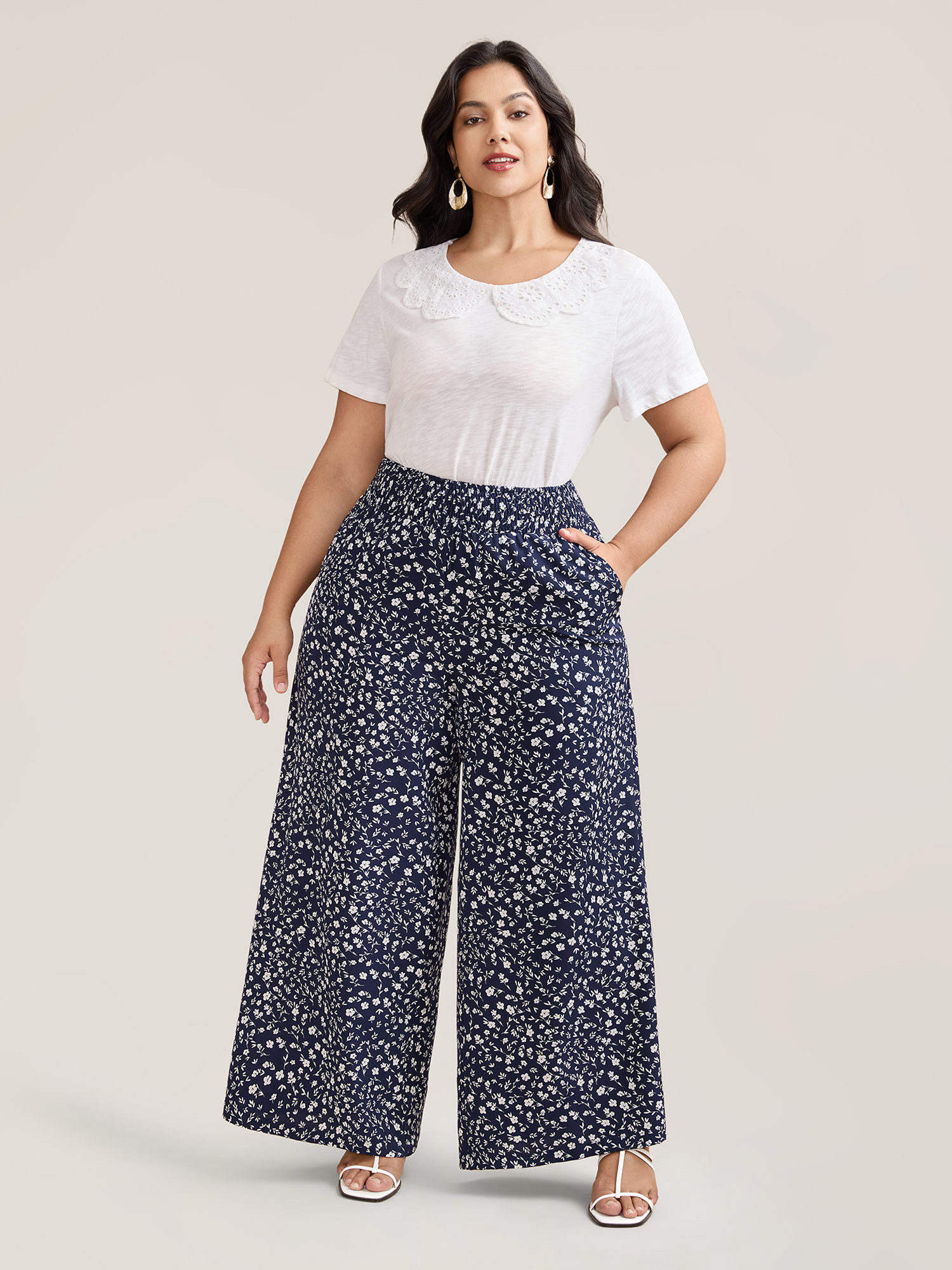 

Plus Size Ditsy Floral Print Shirred Wide-Leg Pants Women Indigo Elegant Wide Leg Mid Rise Everyday Pants BloomChic